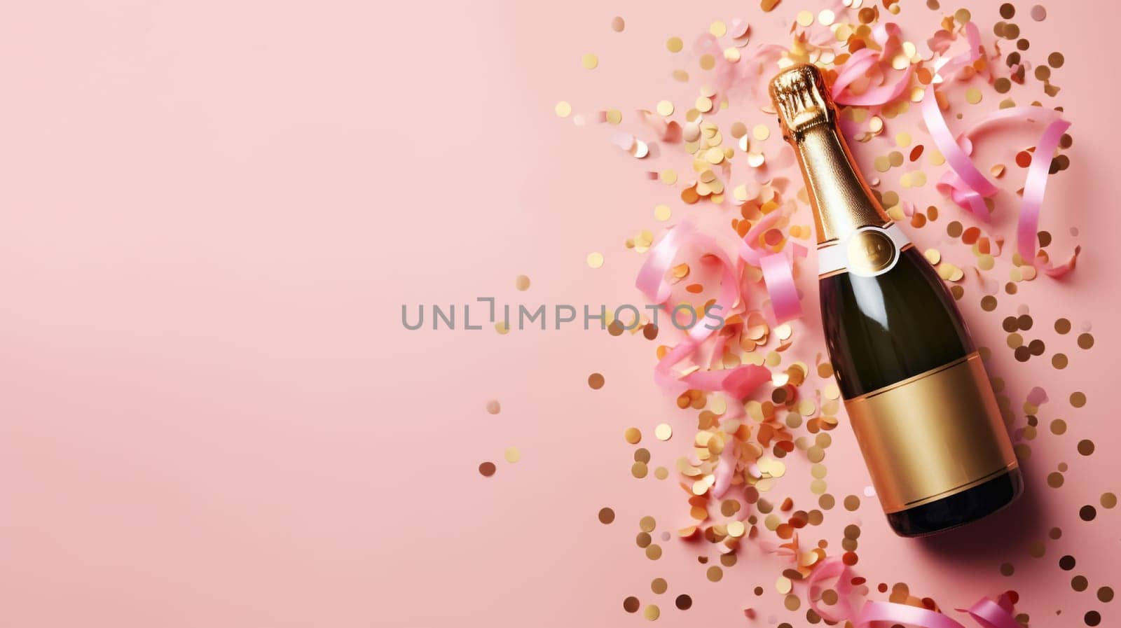 Top view of Champagne Bottle, Golden Confetti, and Decorative Balls on a Stylish light pink Background, Flat Lay Arrangement. with copy space