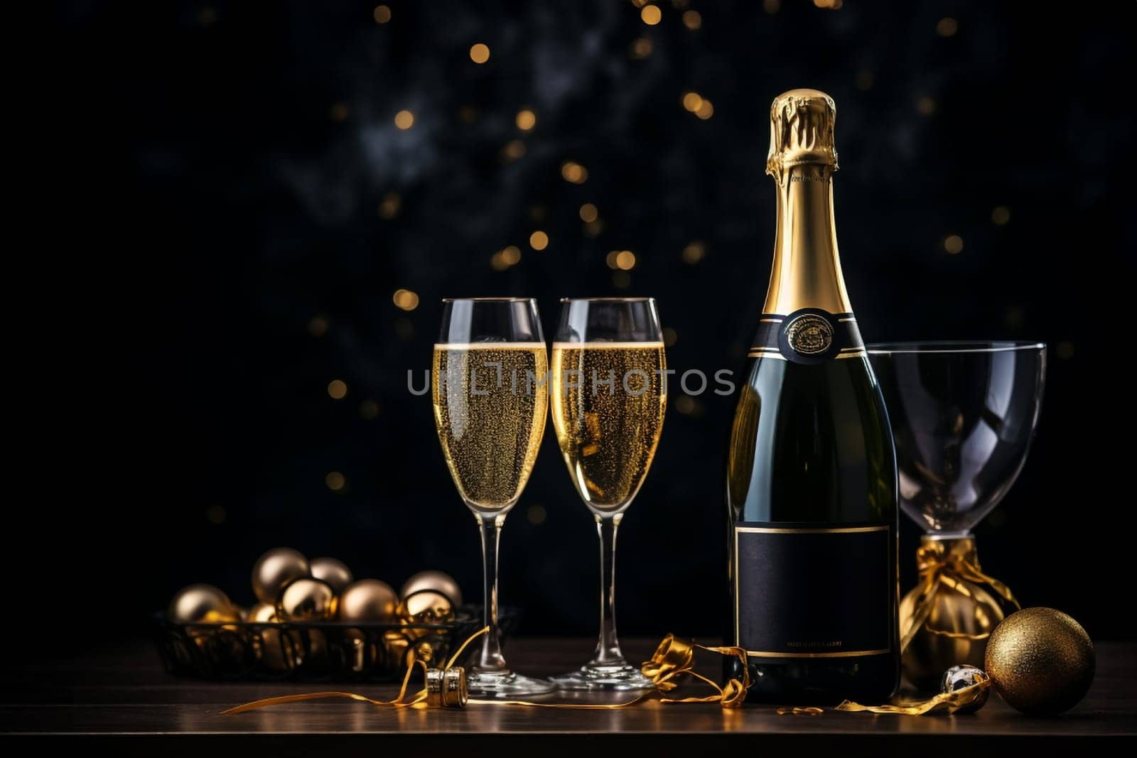 Premium Christmas Party Theme with Champagne Bottle, Wine Glasses, Golden Confetti, and Decorative Balls on a Stylish Dark Background. Lavish Flat Lay Arrangement with copy space.