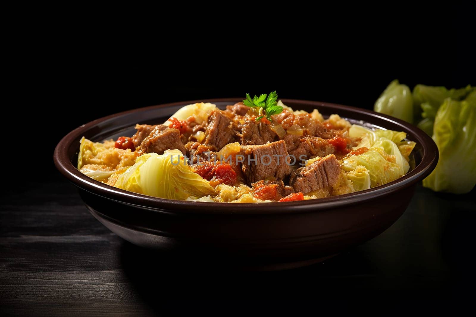 Cassoeula, traditional Lombardy dish with a stew made with pork meat and cabbage, often served with polenta. Italian seasonal comfort dish.