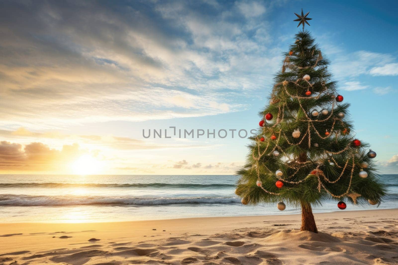 Celebrating christmas and new year in hot countries. Christmas tree with lights on the beach at sunset. AI Generated