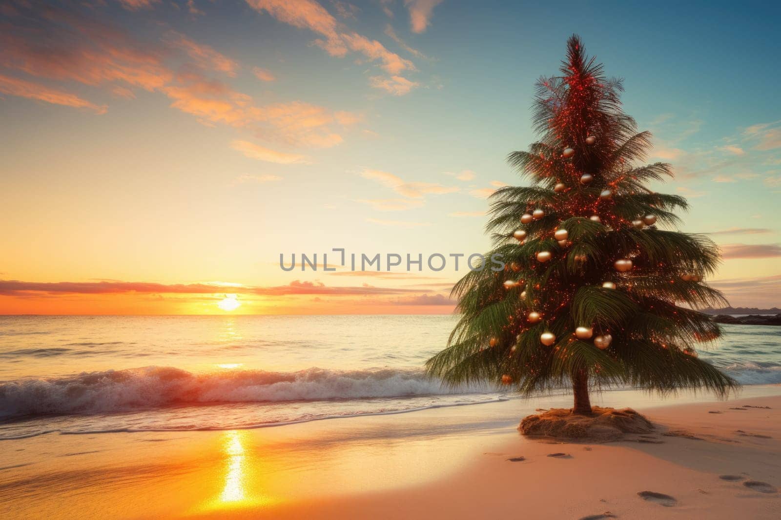 Celebrating christmas and new year in hot countries. Christmas tree with lights on the beach at sunset. AI Generated