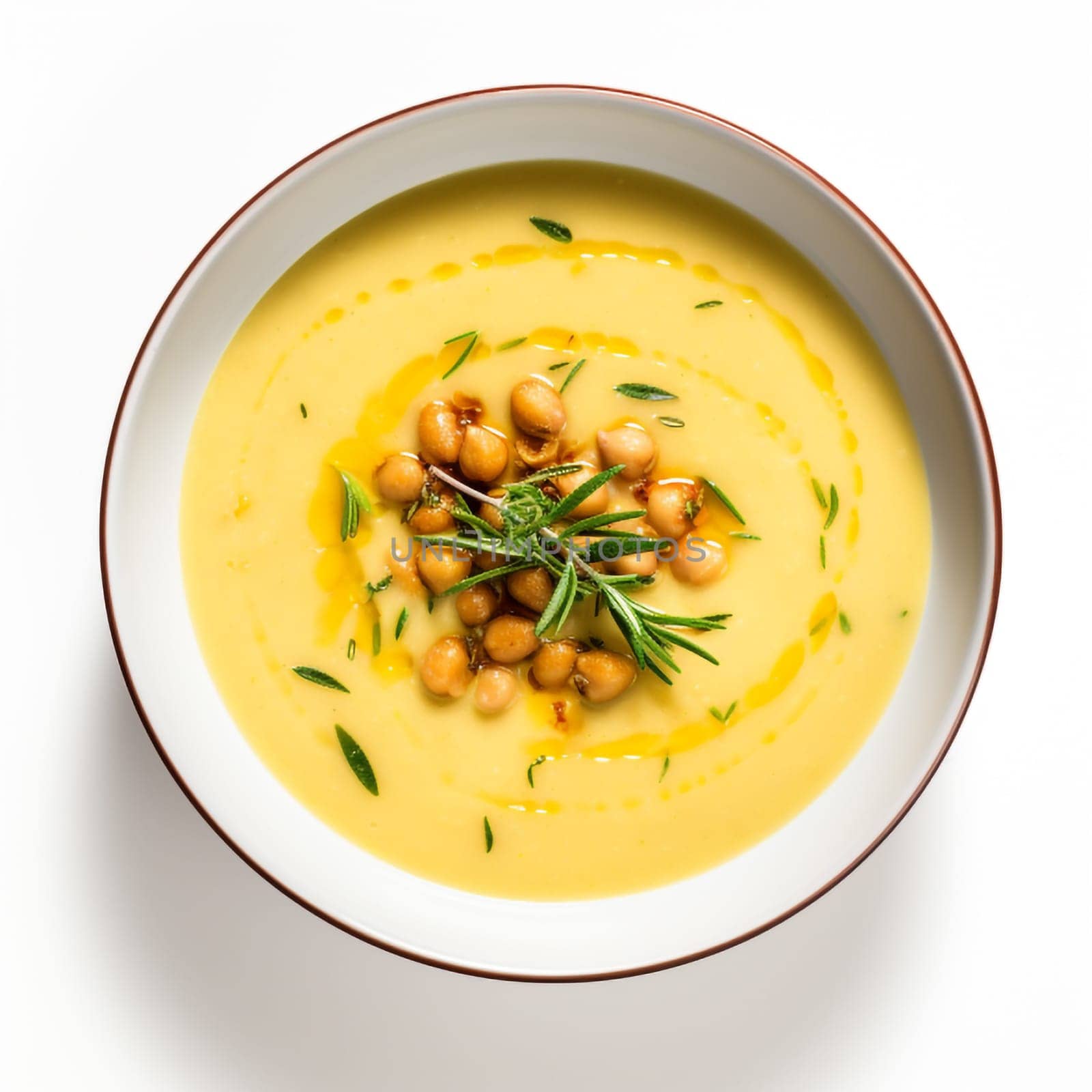 Chickpea soup, traditional Italian winter dish, in Umbria. A warm and nourishing soup made with chickpeas and flavors such as rosemary and garlic. on a white plate in a elegant restaurant decorated for Christmas time. Healthy vegetarian food