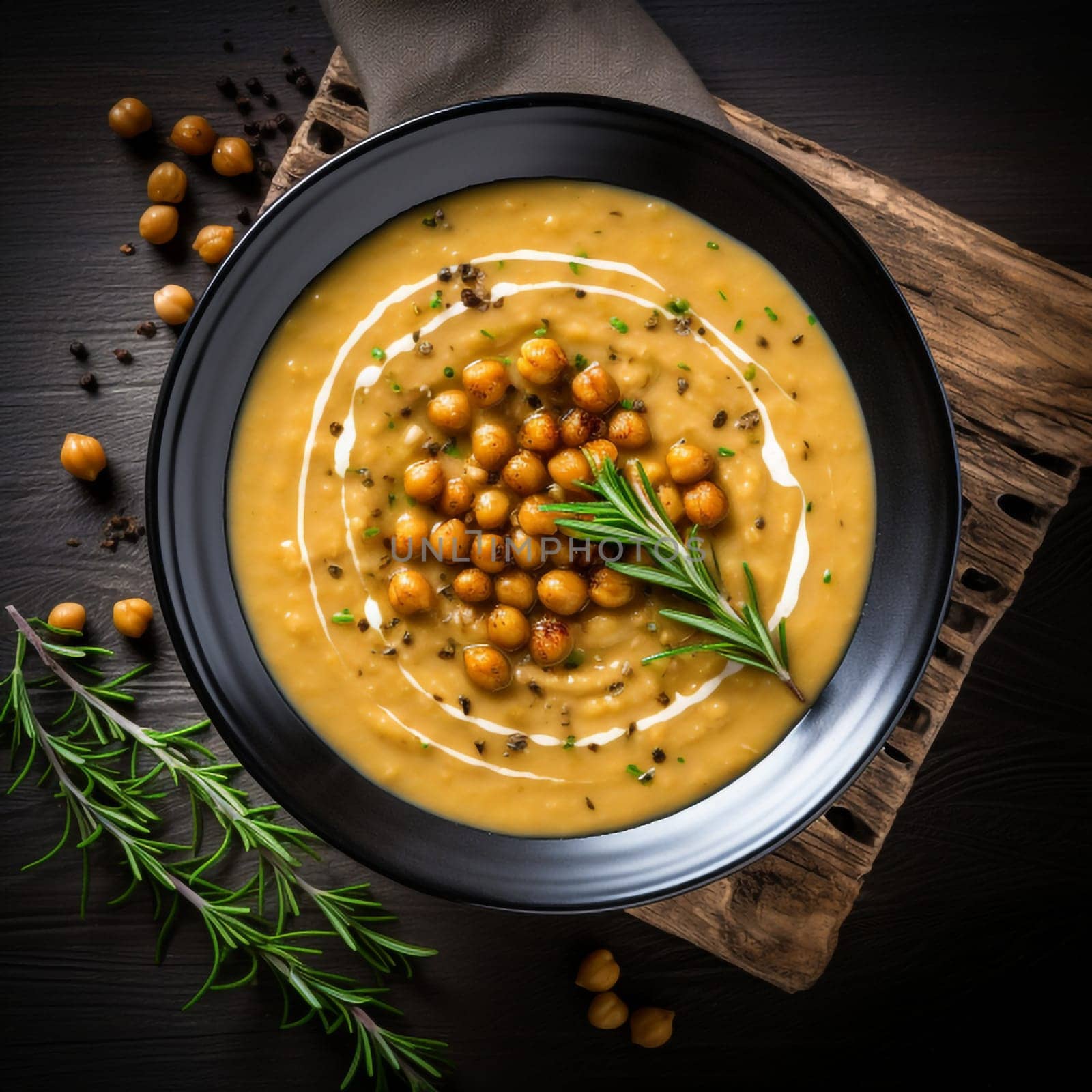 Top view of Chickpea soup, traditional Italian winter dish, in Umbria. A warm and nourishing soup made with chickpeas and flavors such as rosemary and garlic. on a white plate in a elegant restaurant decorated for Christmas time. Healthy vegetarian food.