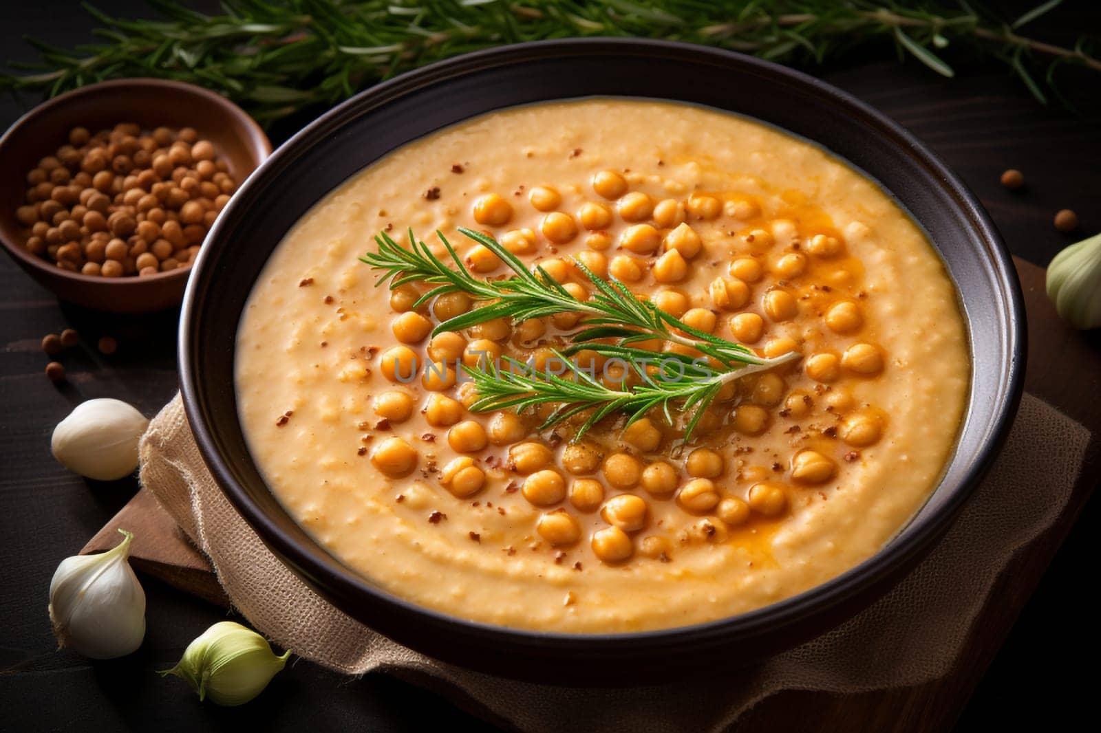 Chickpea soup, traditional Italian winter dish, in Umbria. A warm and nourishing soup made with chickpeas and flavors such as rosemary and garlic. on a white plate in a elegant restaurant decorated for Christmas time. Healthy vegetarian food