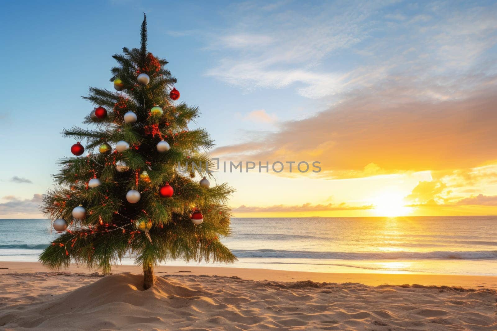Celebrating christmas and new year in hot countries. Christmas tree with lights on the beach at sunset. AI Generated