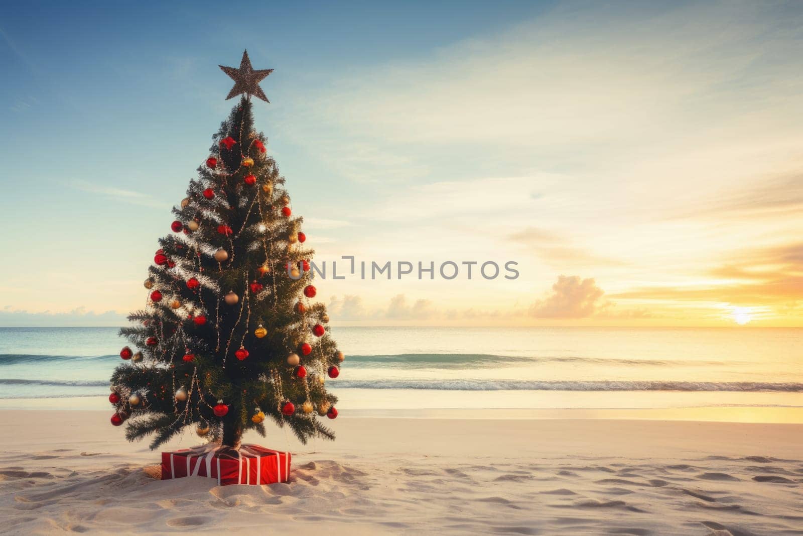 Celebrating christmas and new year in hot countries. Christmas tree with lights on the beach at sunset. AI Generated