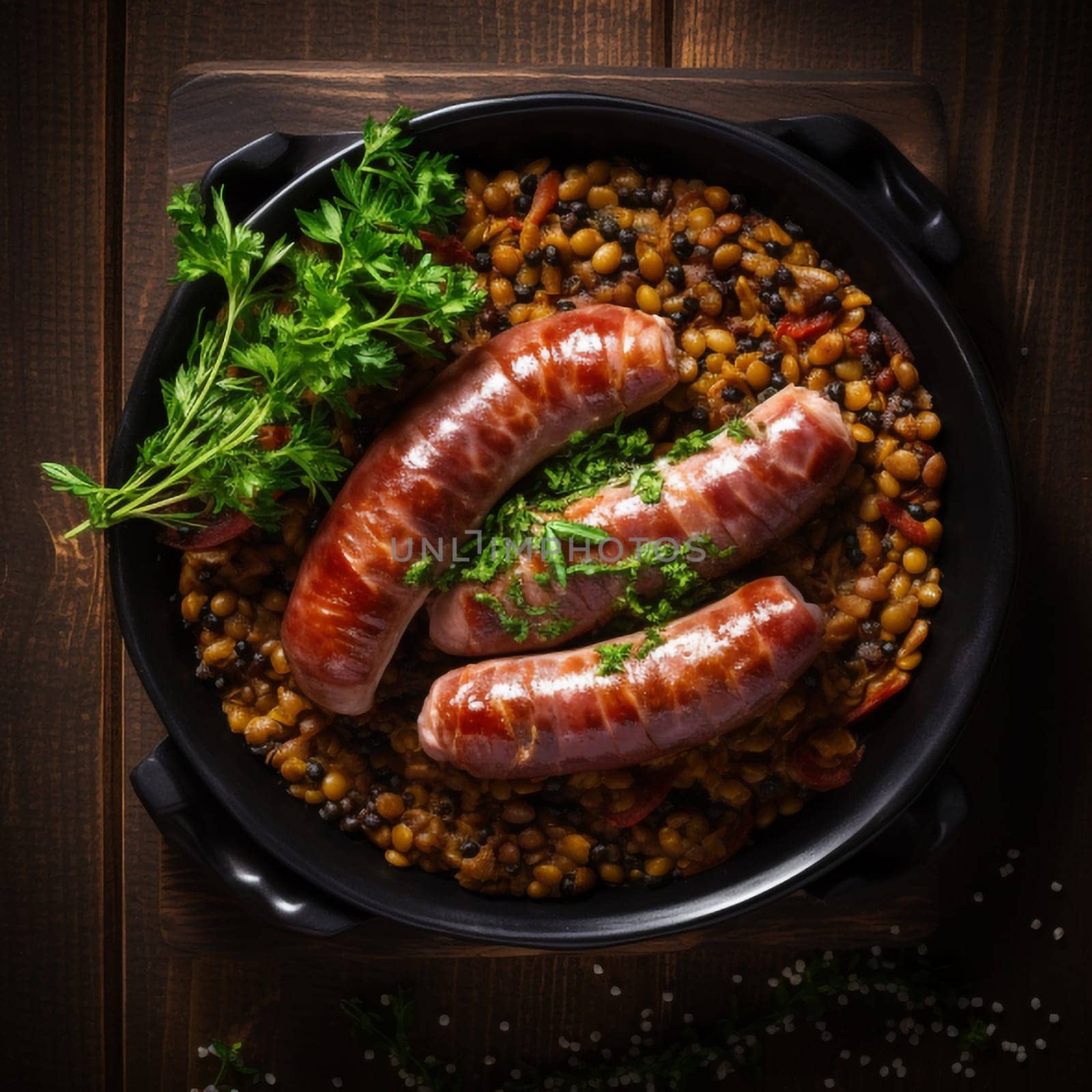 Cotechino with lentils raditional a Emilia-Romagna dish, with sausage served with lentils, symbolizing luck and prosperity for the new year.