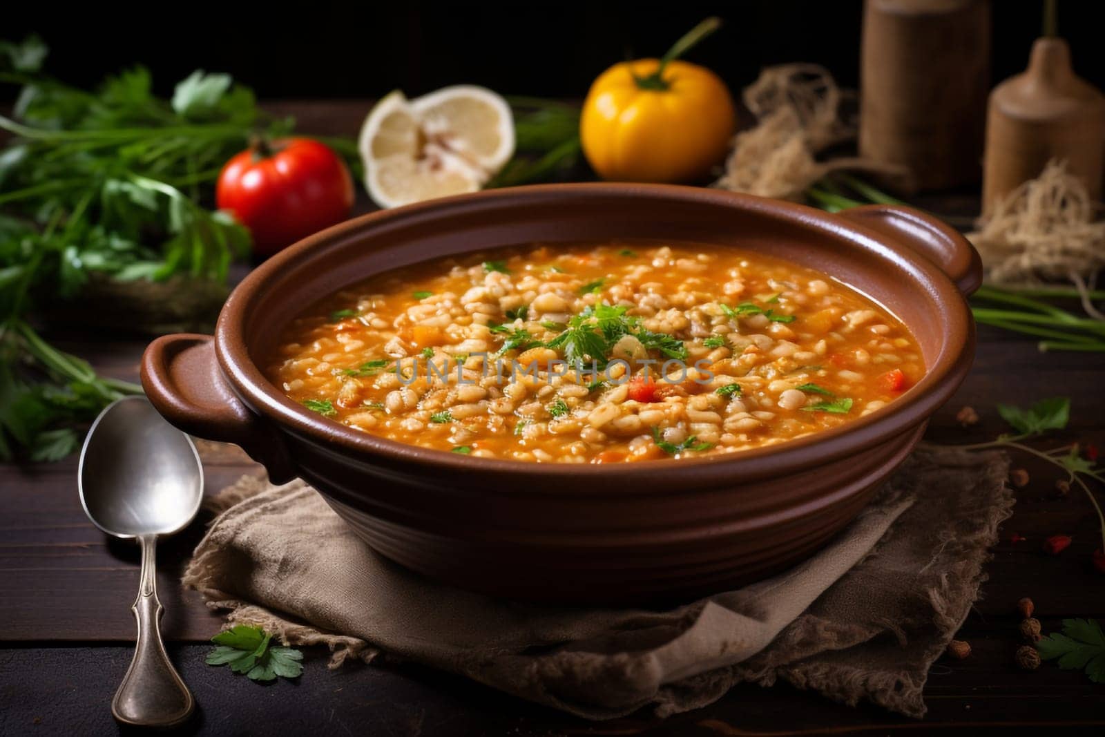 Farro soup a Lazio traditional dish. A hearty and thick soup made with spelt, vegetables. Hearty comfort meal. Italian winter warmer