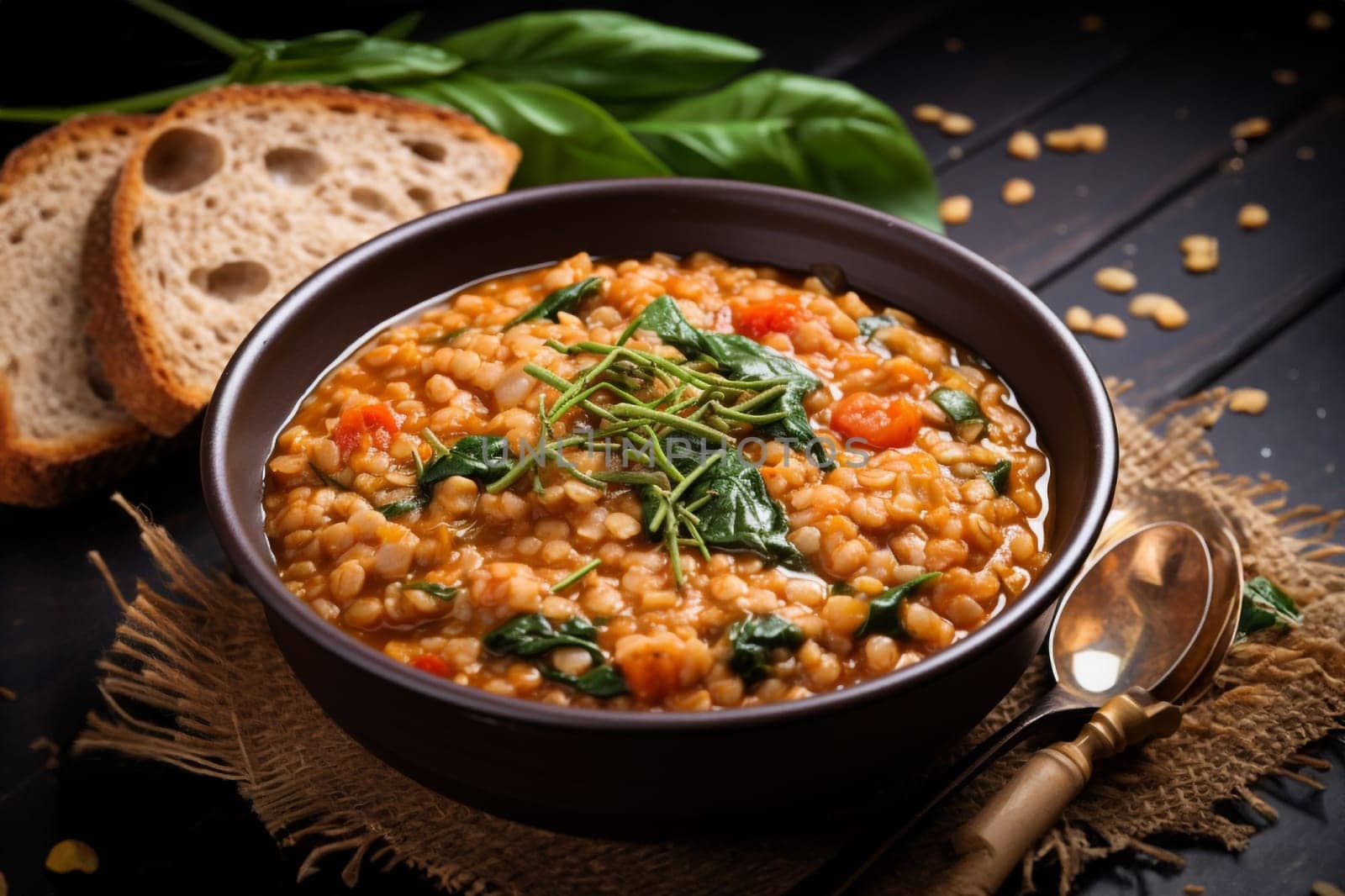 Farro soup a Lazio traditional dish. A hearty and thick soup made with spelt, vegetables. Hearty comfort meal. Italian winter warmer