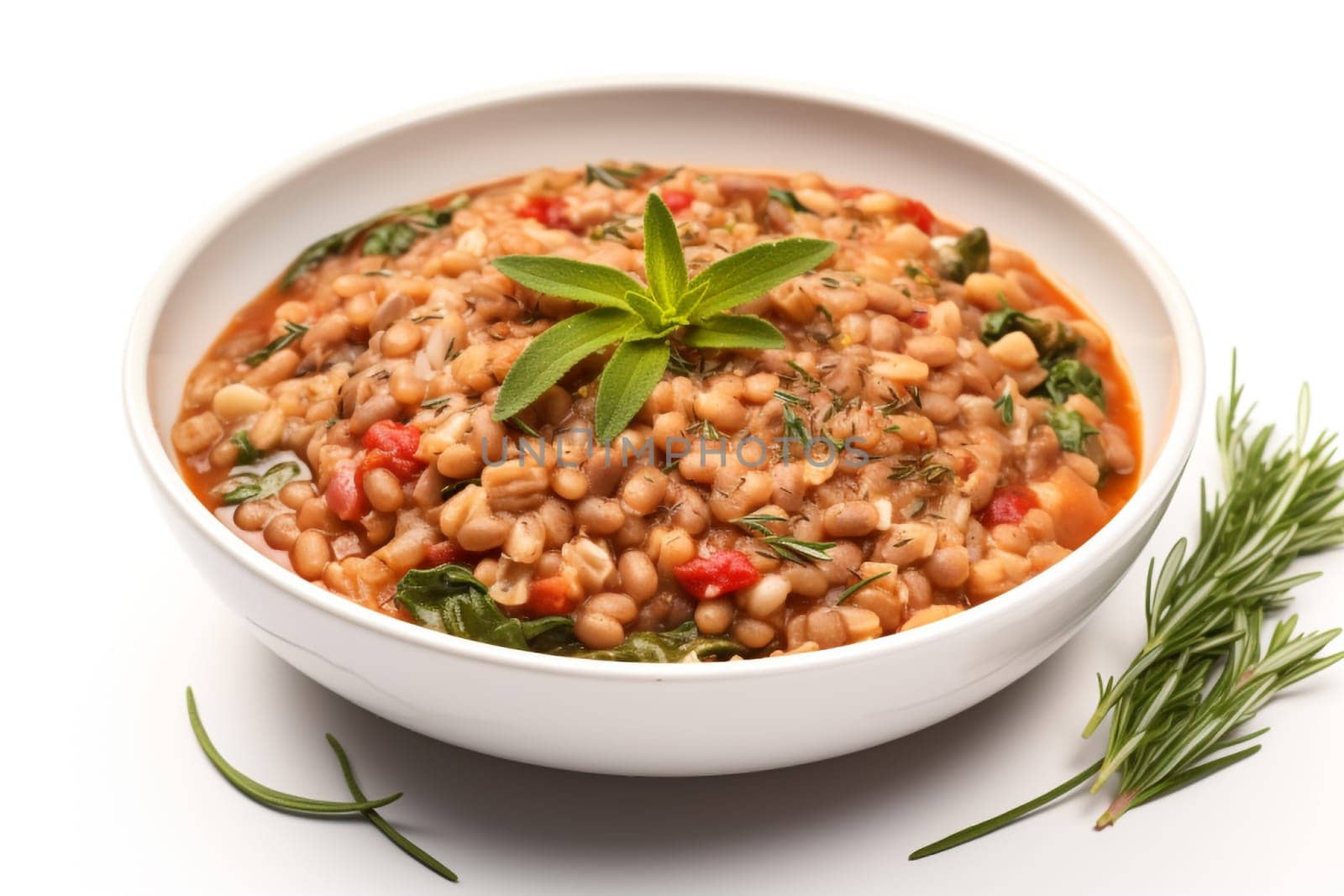 Farro soup a Lazio traditional dish. A hearty and thick soup made with spelt, vegetables. Hearty comfort meal. Italian winter warmer