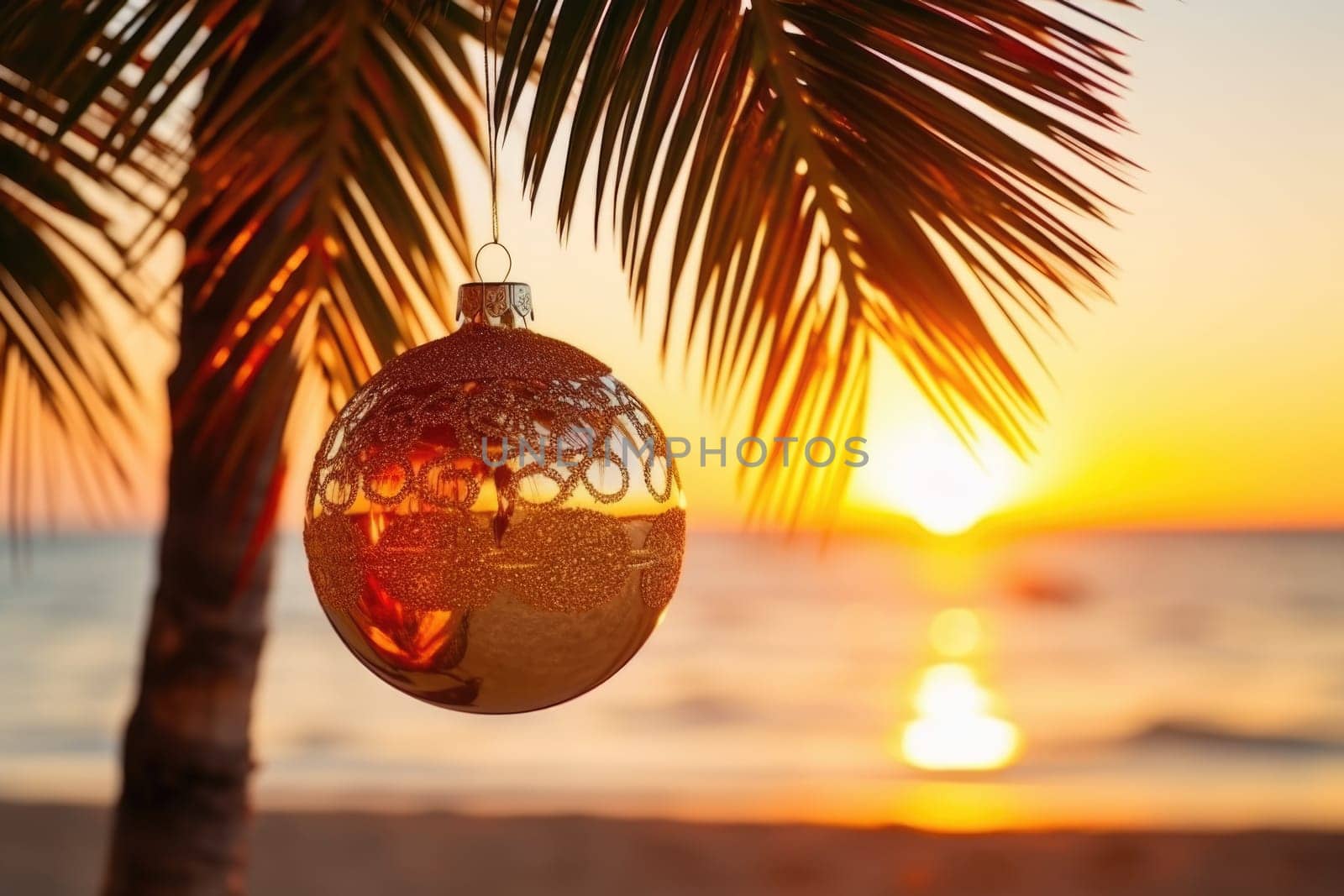 Celebrating christmas and new year in hot countries. Christmas Ball hanging on a Palm Tree Branch. Travel Background. AI Generated