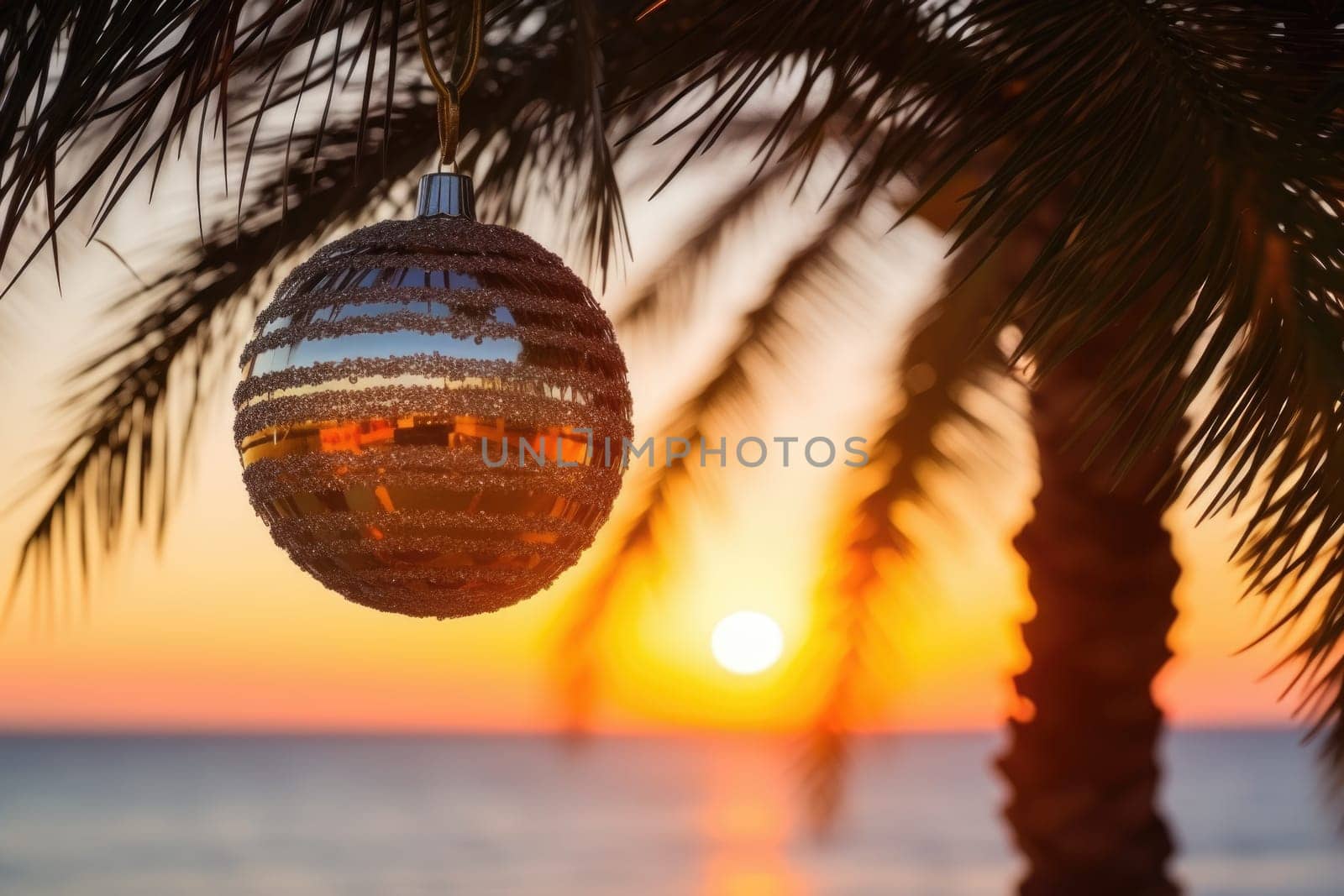 Celebrating christmas and new year in hot countries. Christmas Ball hanging on a Palm Tree Branch. Travel Background. AI Generated