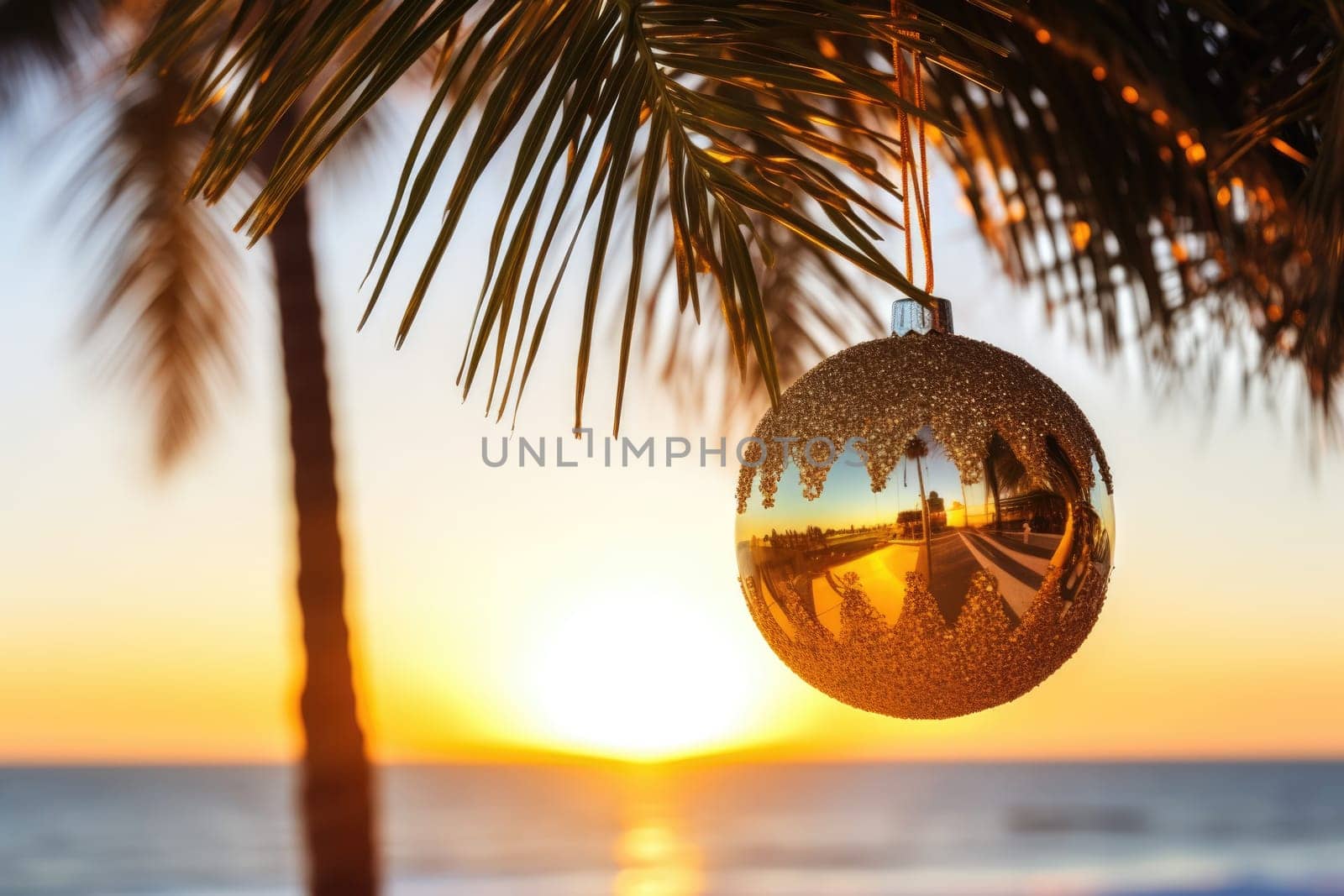 Celebrating christmas and new year in hot countries. Christmas Ball hanging on a Palm Tree Branch. Travel Background. AI Generated