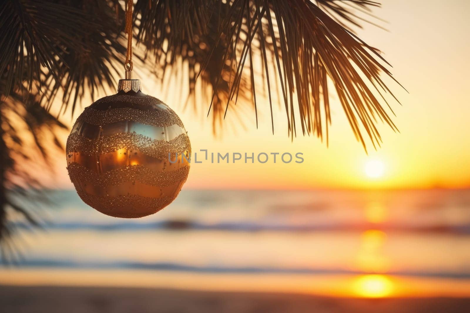 Celebrating christmas and new year in hot countries. Christmas Ball hanging on a Palm Tree Branch. Travel Background. AI Generated