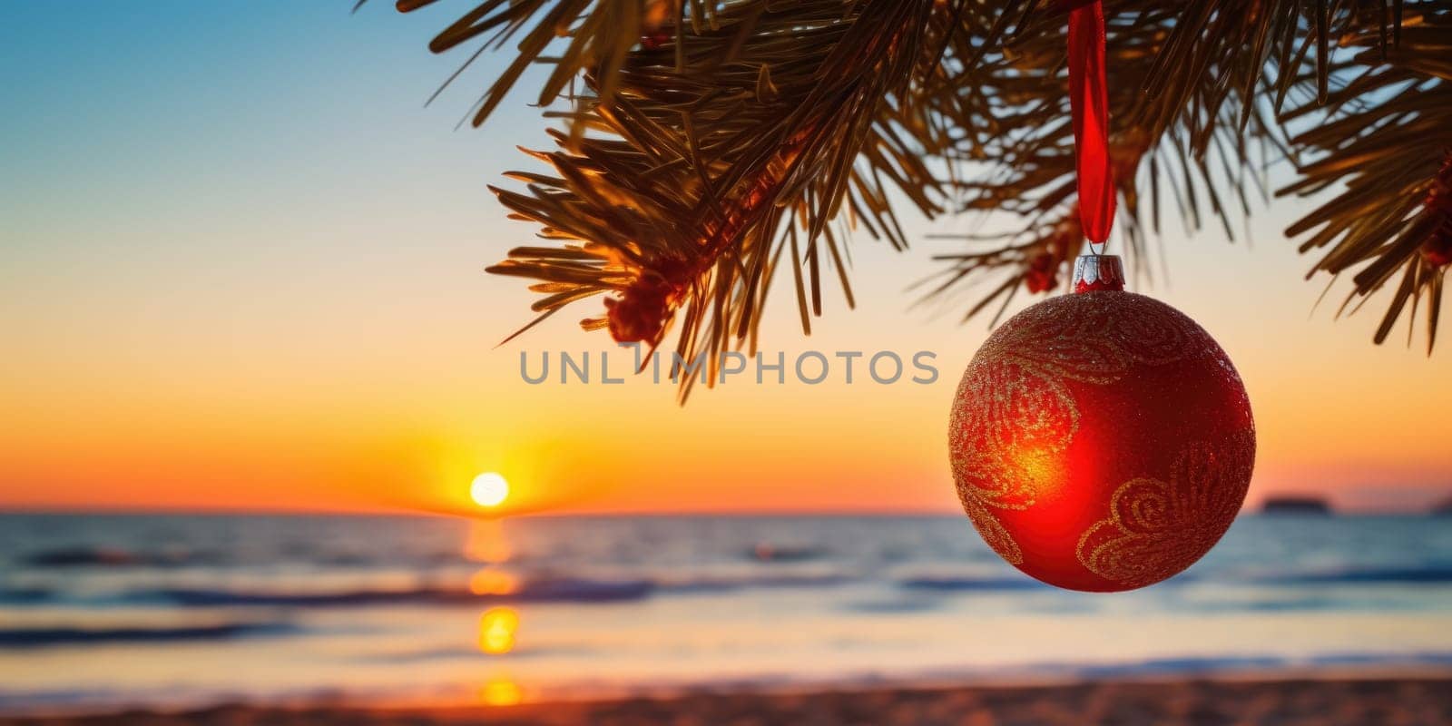 Celebrating christmas and new year in hot countries. Christmas Ball hanging on a Palm Tree Branch. Travel Background. AI Generated