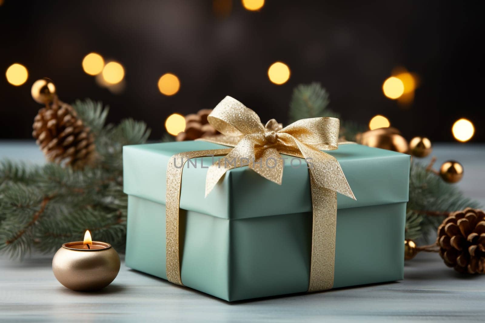 Christmas decorations with pastel green gift wrapping in an elegant package on a on a blurred colorful background