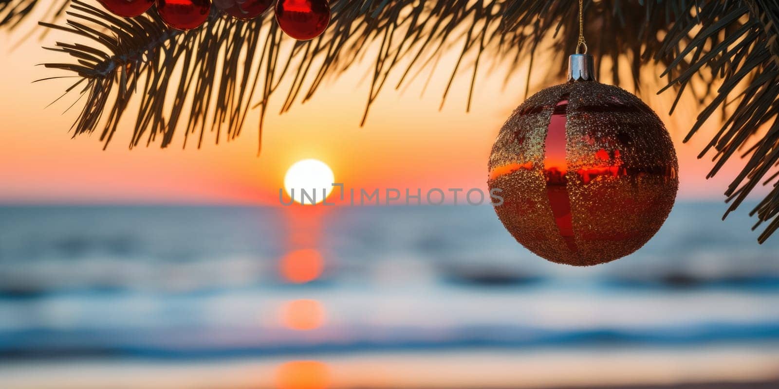 Celebrating christmas and new year in hot countries. Christmas Ball hanging on a Palm Tree Branch. Travel Background. AI Generated