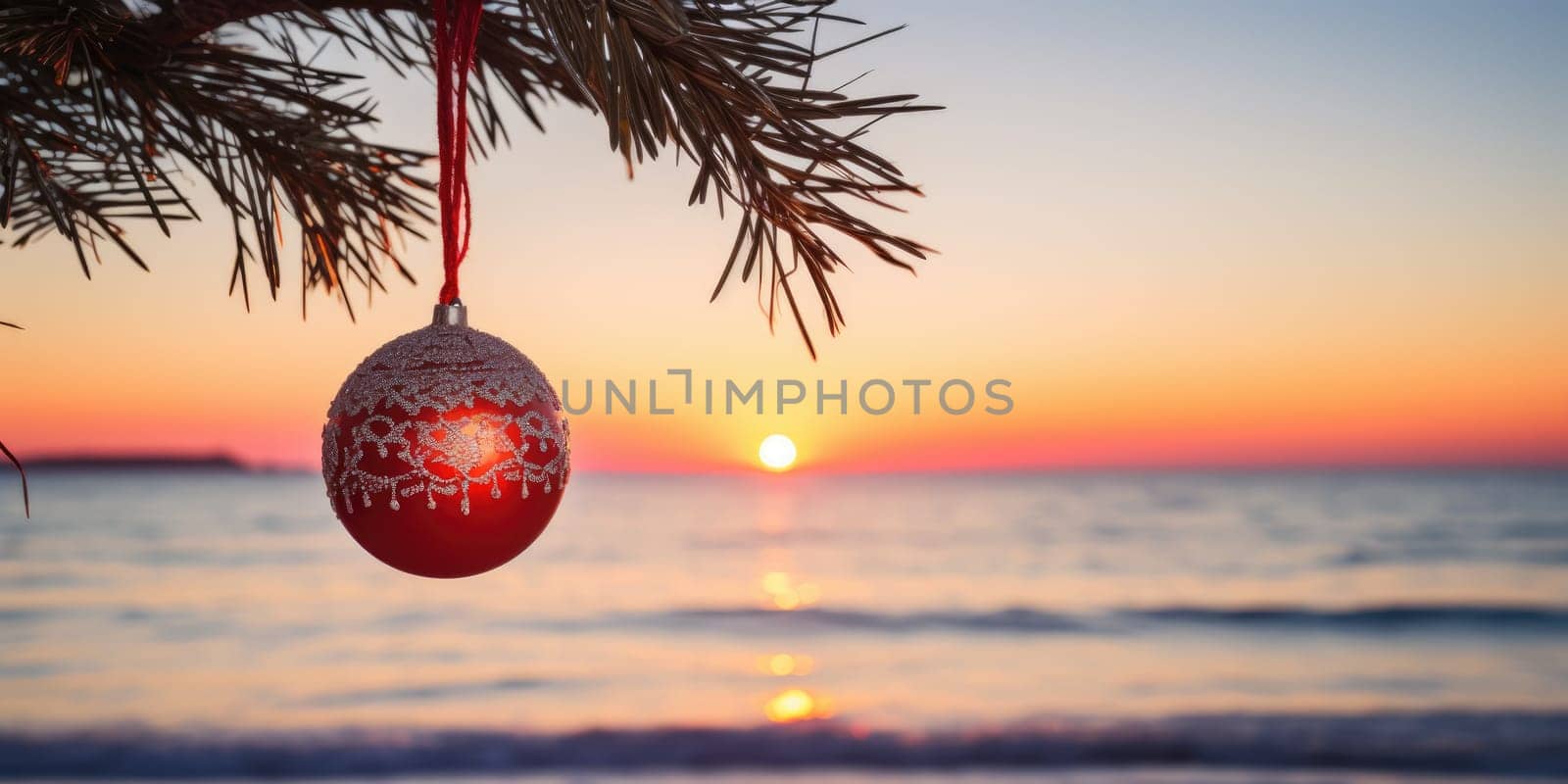 Celebrating christmas and new year in hot countries. Christmas Ball hanging on a Palm Tree Branch. Travel Background. AI Generated