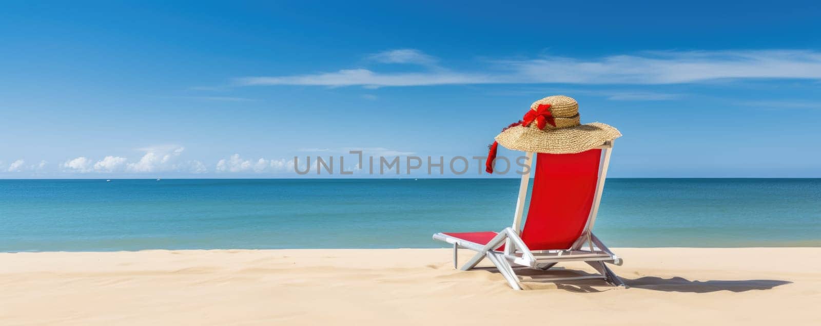 Sun lounger with santa hat on beautiful beach. AI Generated by Desperada