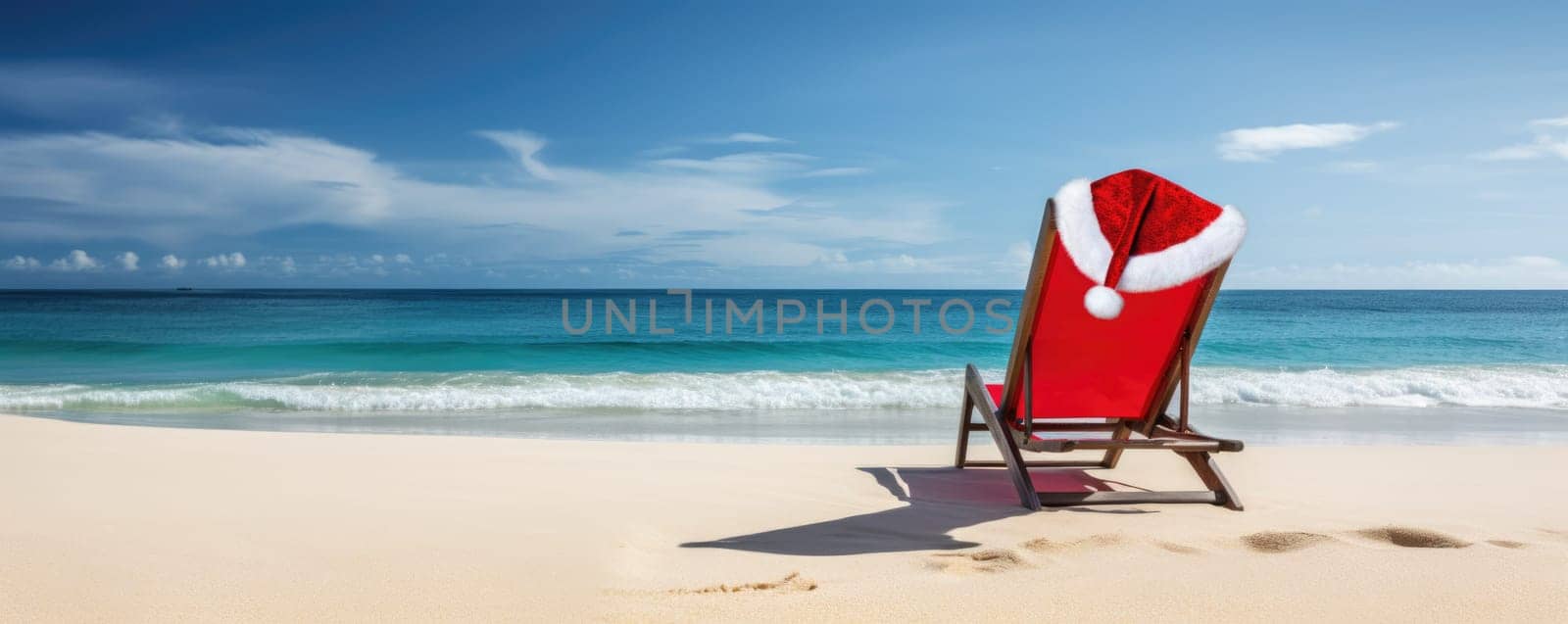 Christmas holidays on tropical destinations. Sun lounger with santa hat on beautiful beach. Banner. AI Generated