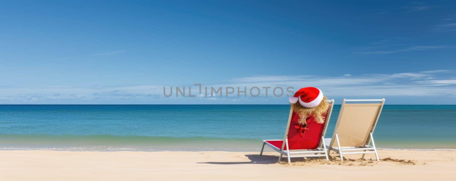 Christmas holidays on tropical destinations. Sun lounger with santa hat on beautiful beach. Banner. AI Generated