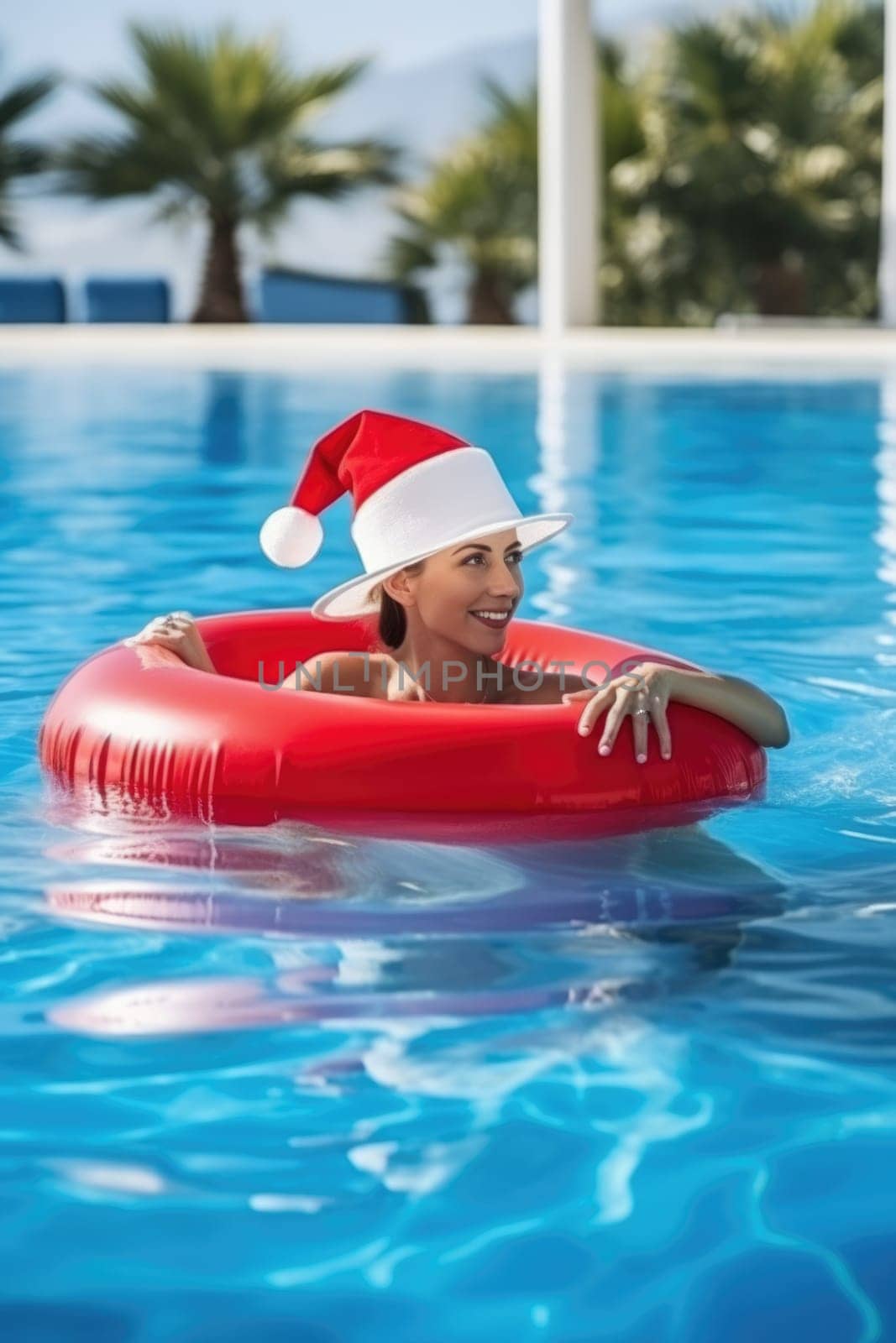 happy woman in santa hat with inflatable ring relaxing in blue swimming pool. AI Generated by Desperada