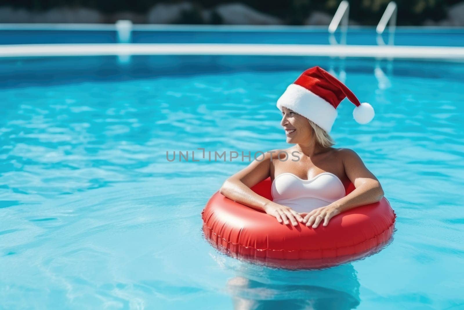 Christmas holidays on tropical destinations. woman in Santa Claus hat with inflatable ring relaxing in blue swimming pool. AI Generated