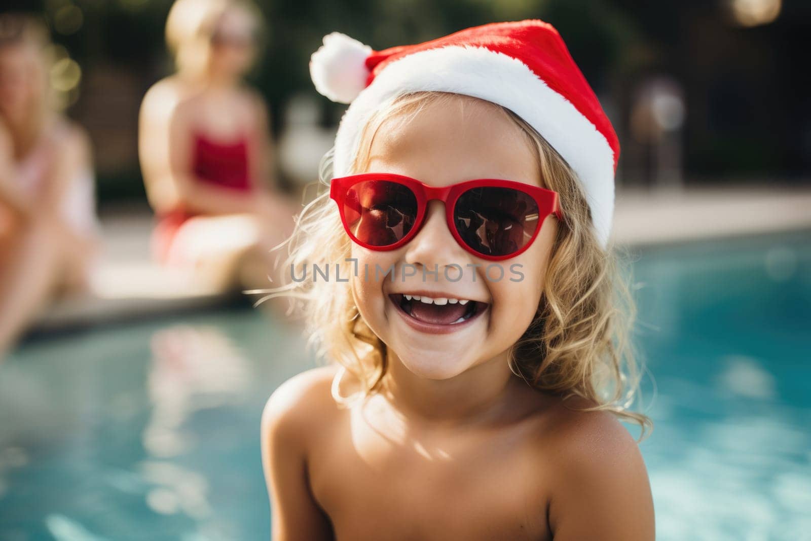 Celebrating christmas and new year in hot countries. portrait of a happy girl in santa hat celebrating christmas in pool party. AI Generated