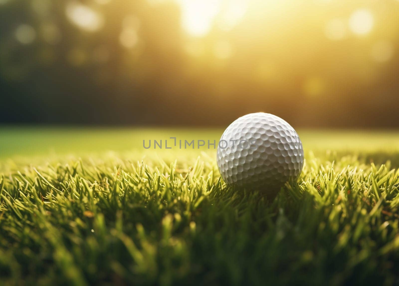 The white golf ball is positioned in a high green grass, one of the obstacles to golf. High quality photo