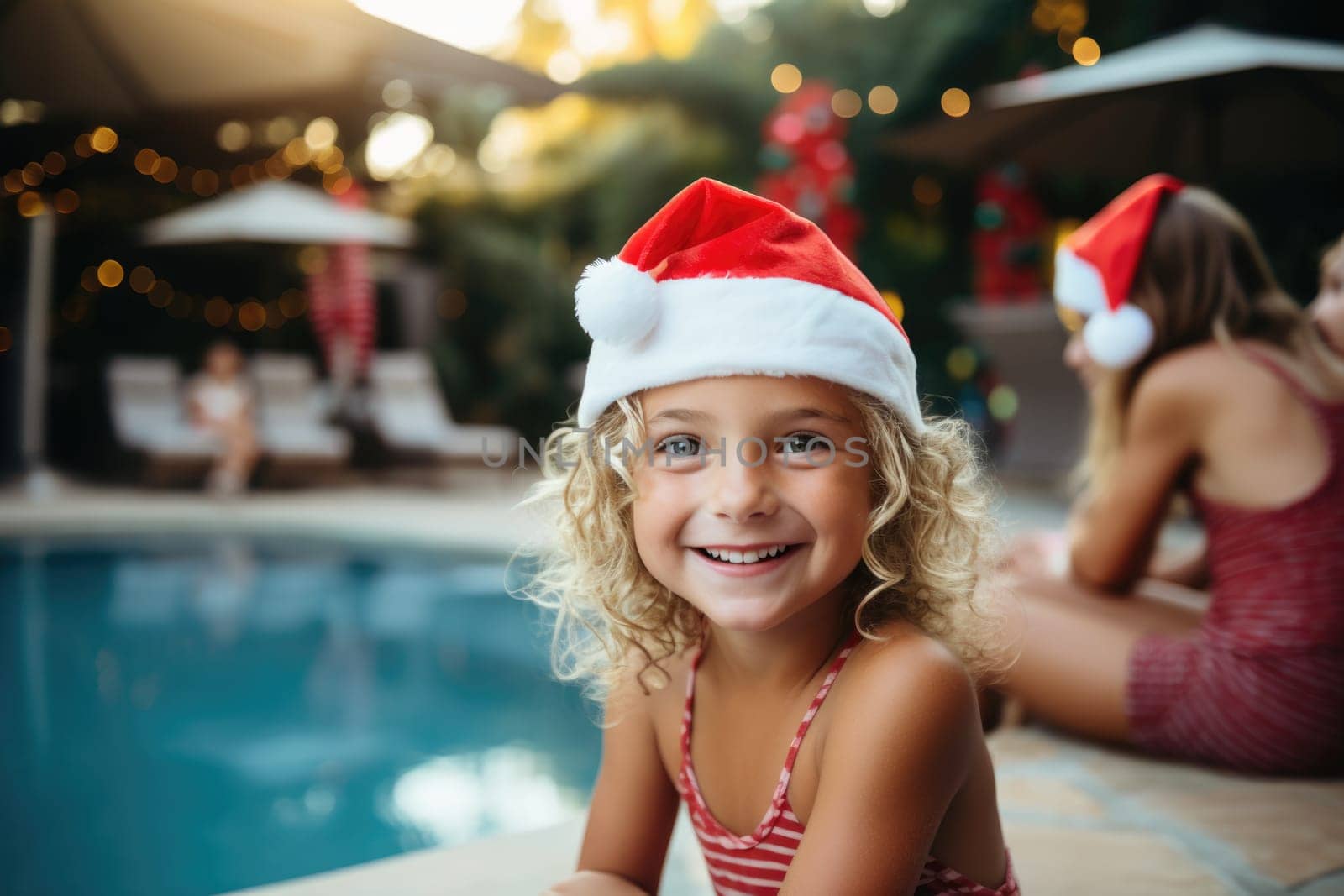 Celebrating christmas and new year in hot countries. portrait of a happy girl in santa hat celebrating christmas in pool party. AI Generated