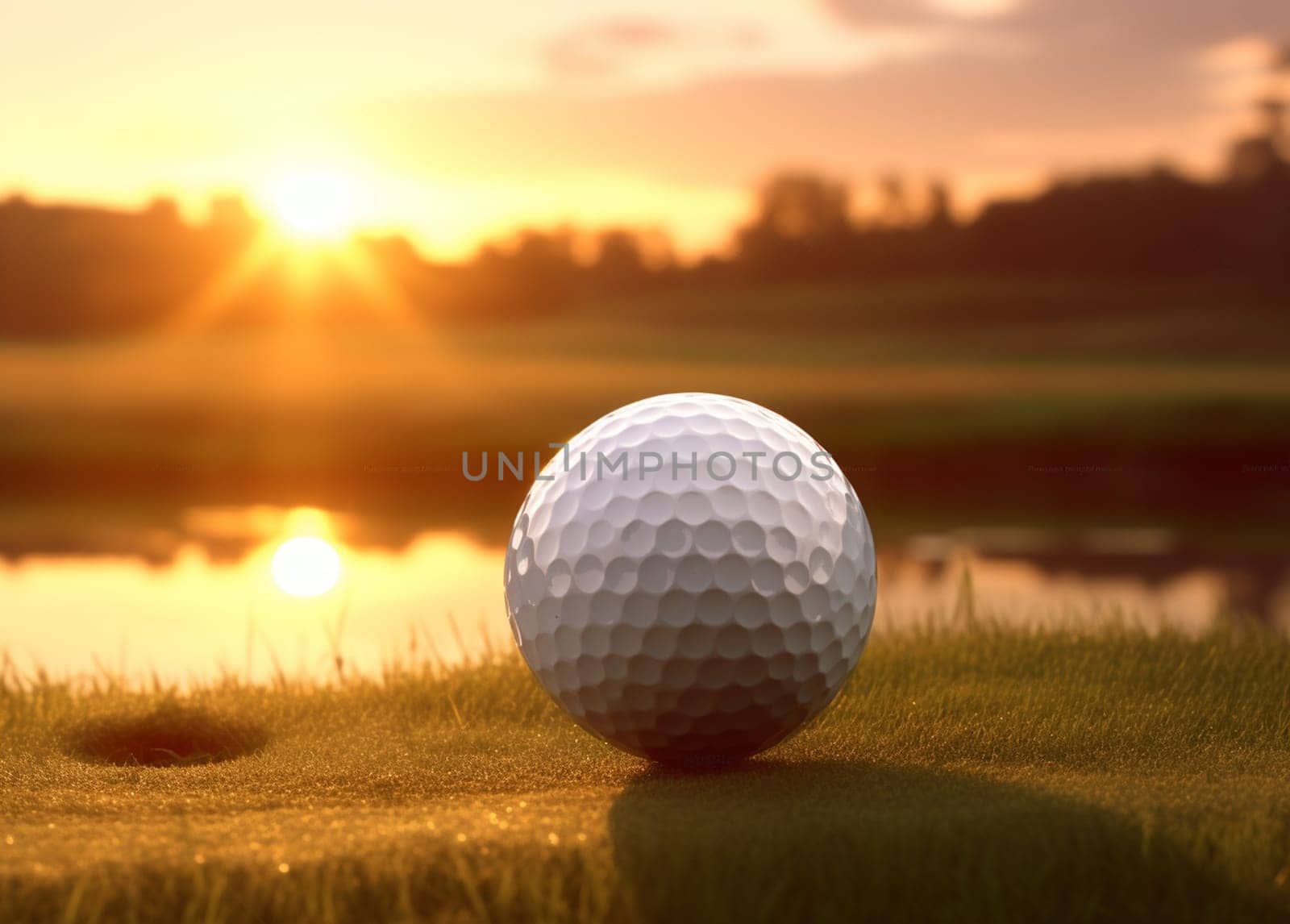 The white golf ball is positioned in a high green grass, one of the obstacles to golf. High quality photo