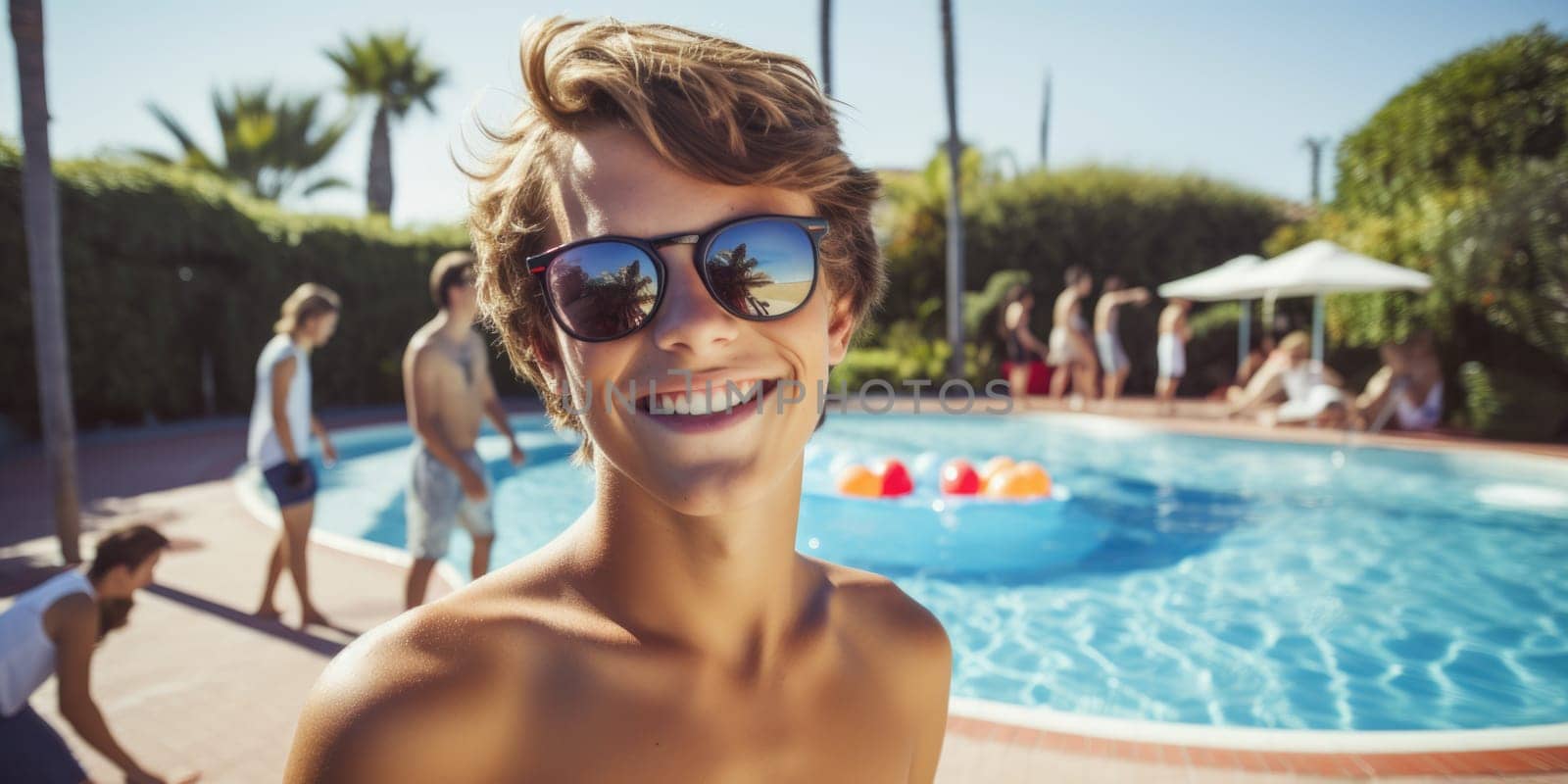 Celebrating christmas and new year in hot countries. portrait of a happy teen boy in santa hat celebrating christmas in pool party. AI Generated