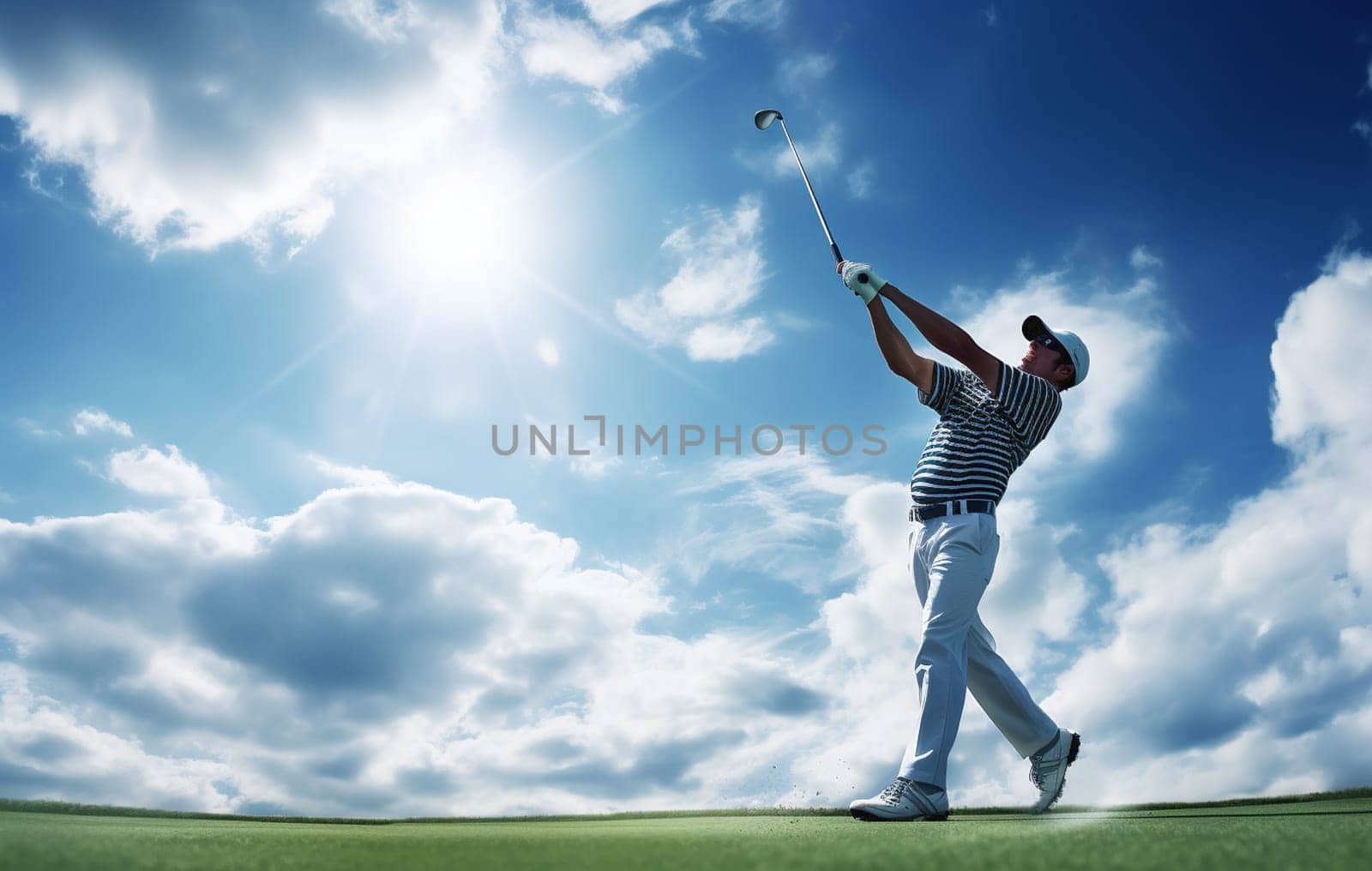 Golf player teeing off. Man hitting golf ball. High quality photo