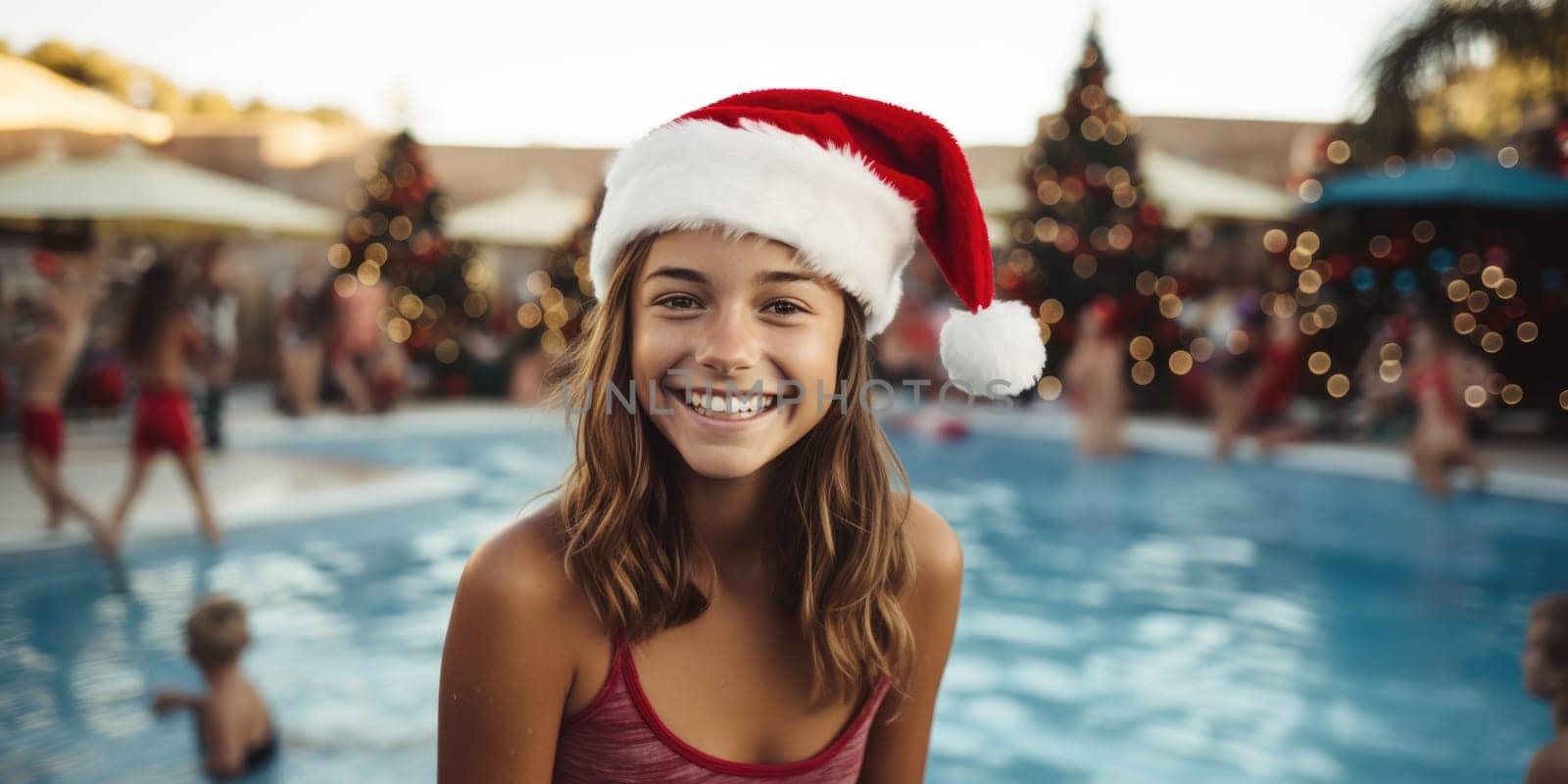 portrait of a happy teen girl in santa hat celebrating christmas in pool party. AI Generated by Desperada