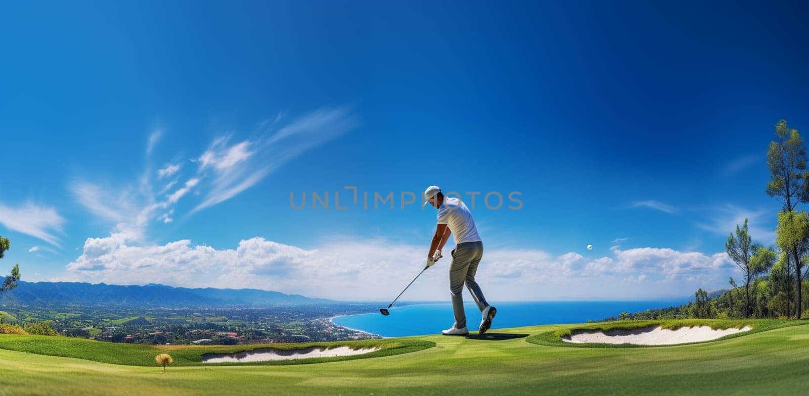 Golf Player in a blue shirt, standing with a bag of golf clubs on his back, on a golf course. High quality photo