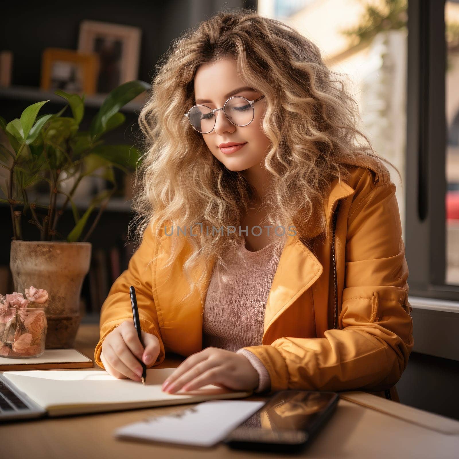 Business woman using laptop working at office. Generative AI.