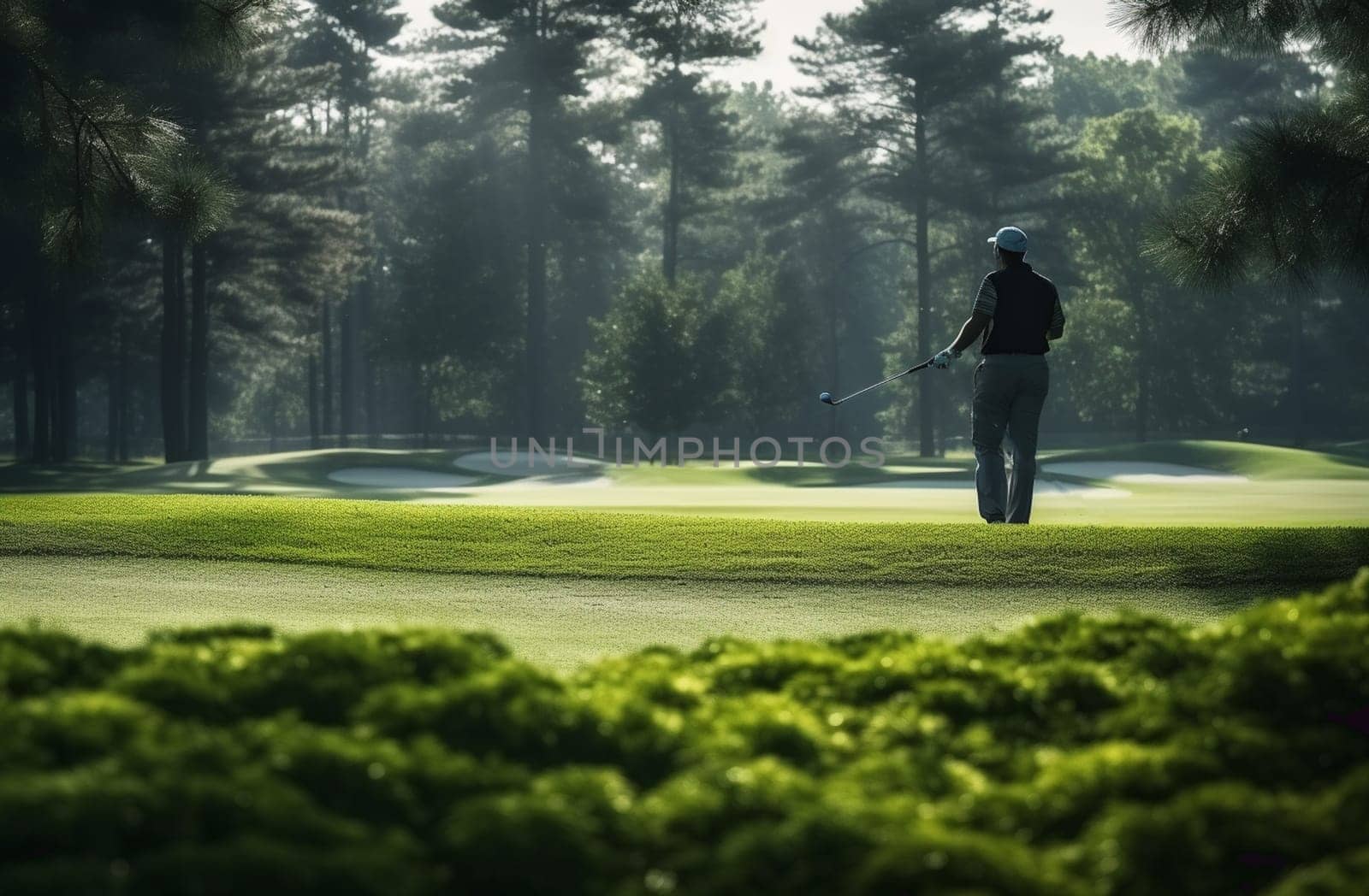 Golf player teeing off. Man hitting golf ball. High quality photo