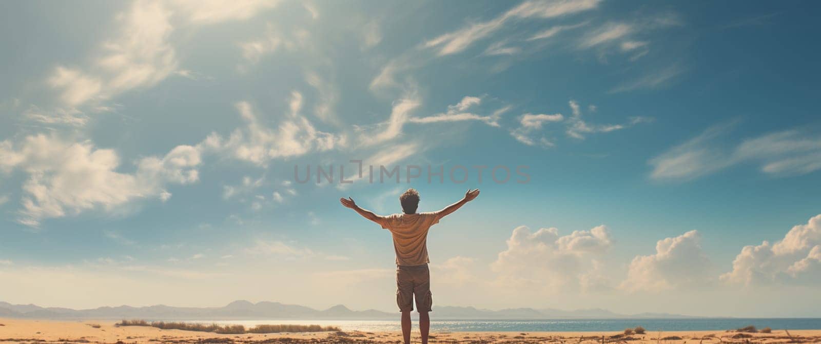 Happy young man in beautiful nature sunset with arms outstretch feeling free as a bird. People freedom, letting go, and getting away from it all concept. . High quality photo