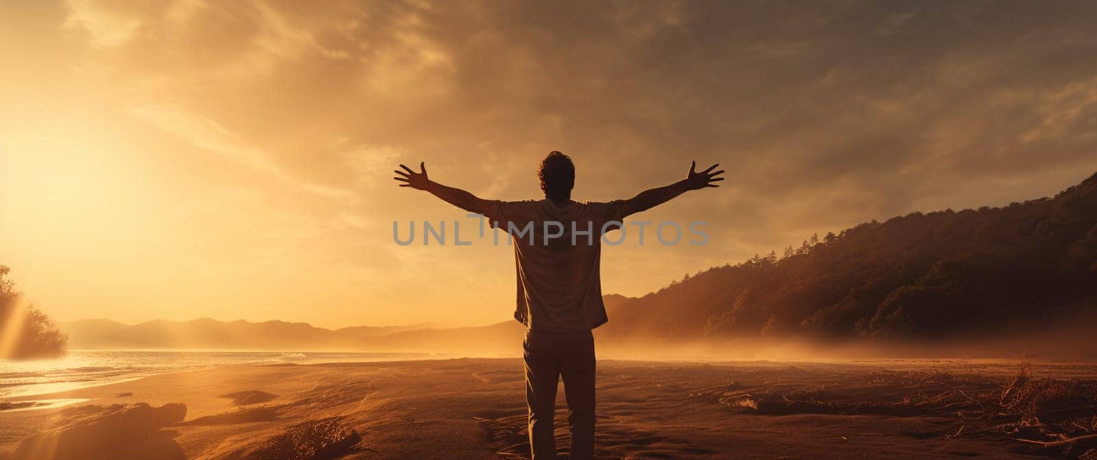 Silhouette man with hands rise up on beautiful view. Christian praise on hill thanksgiving day background. Man consumed by wanderlust nature standing open arms enjoying sun concept fun world wisdom by Andelov13
