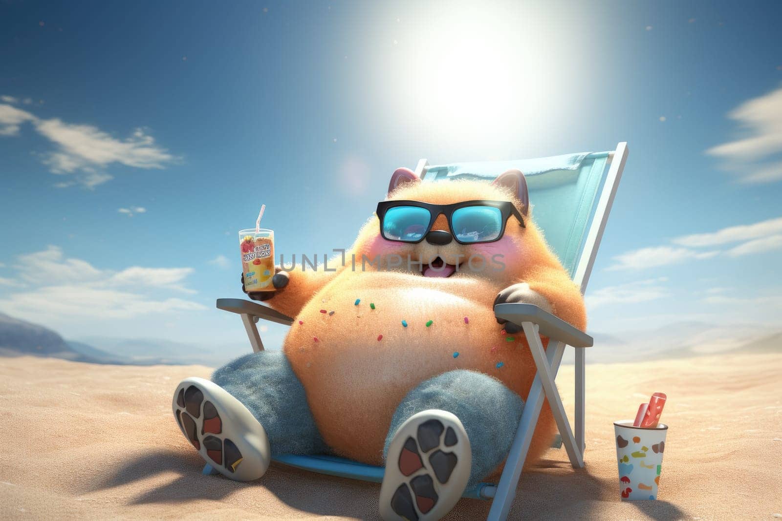 Chubby pet sitting beach chair at summer season. Generative AI by itchaznong
