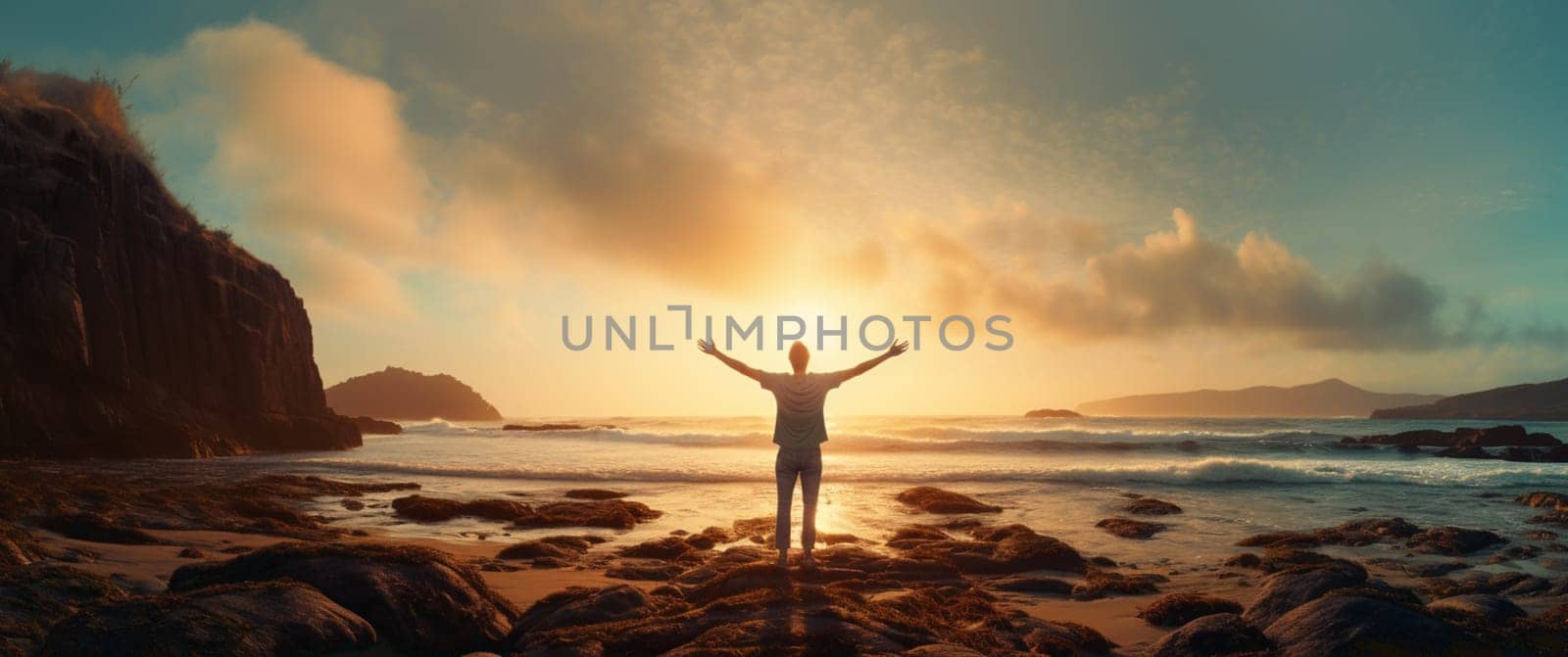 Happy young man in beautiful nature sunset with arms outstretch feeling free as a bird. People freedom, letting go, and getting away from it all concept. . High quality photo