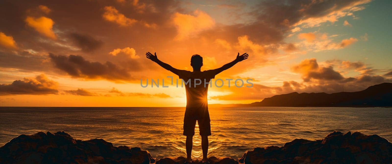 Silhouette man with hands rise up on beautiful view. Christian praise on hill thanksgiving day background. Man consumed by wanderlust nature standing open arms enjoying sun concept fun world wisdom by Andelov13
