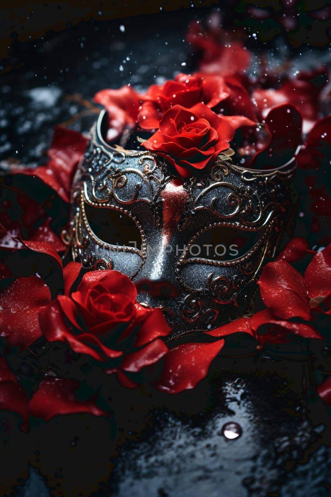 a mask and a rose on a black background by Andelov13