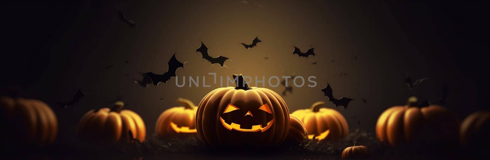 night blue mystery moon pumpkin halloween fear background table bat horror. Generative AI. by Vichizh