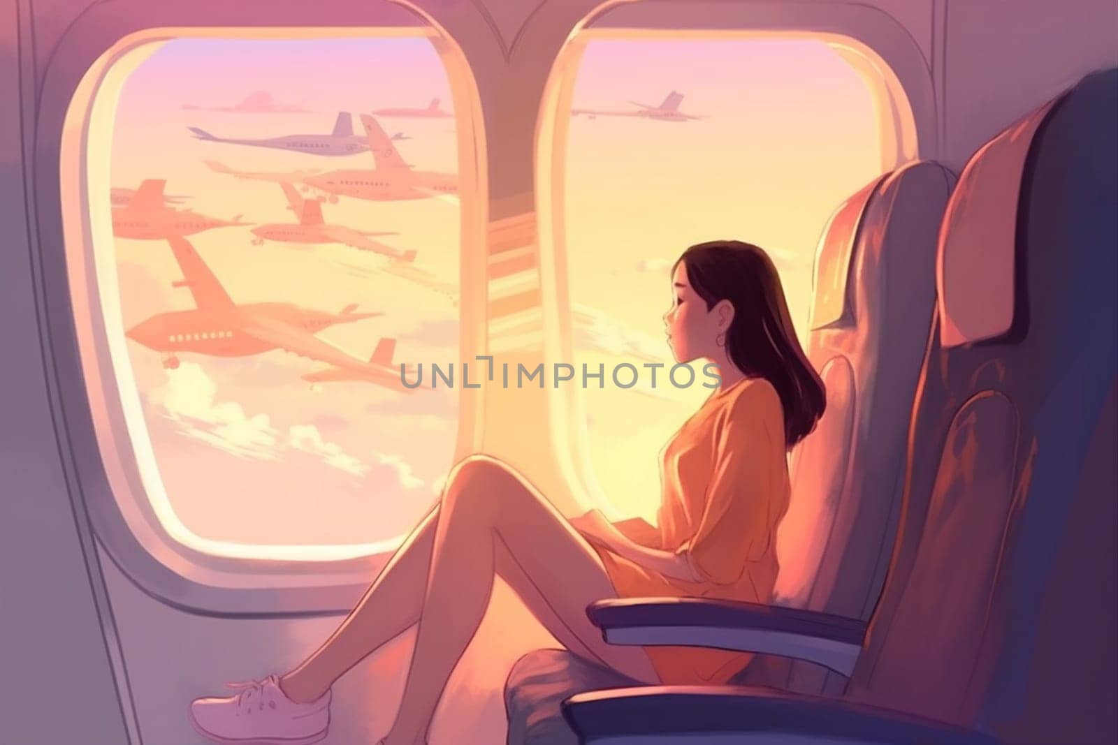 illustration woman flight trip plane seat character transportation passenger journey window. Generative AI. by Vichizh