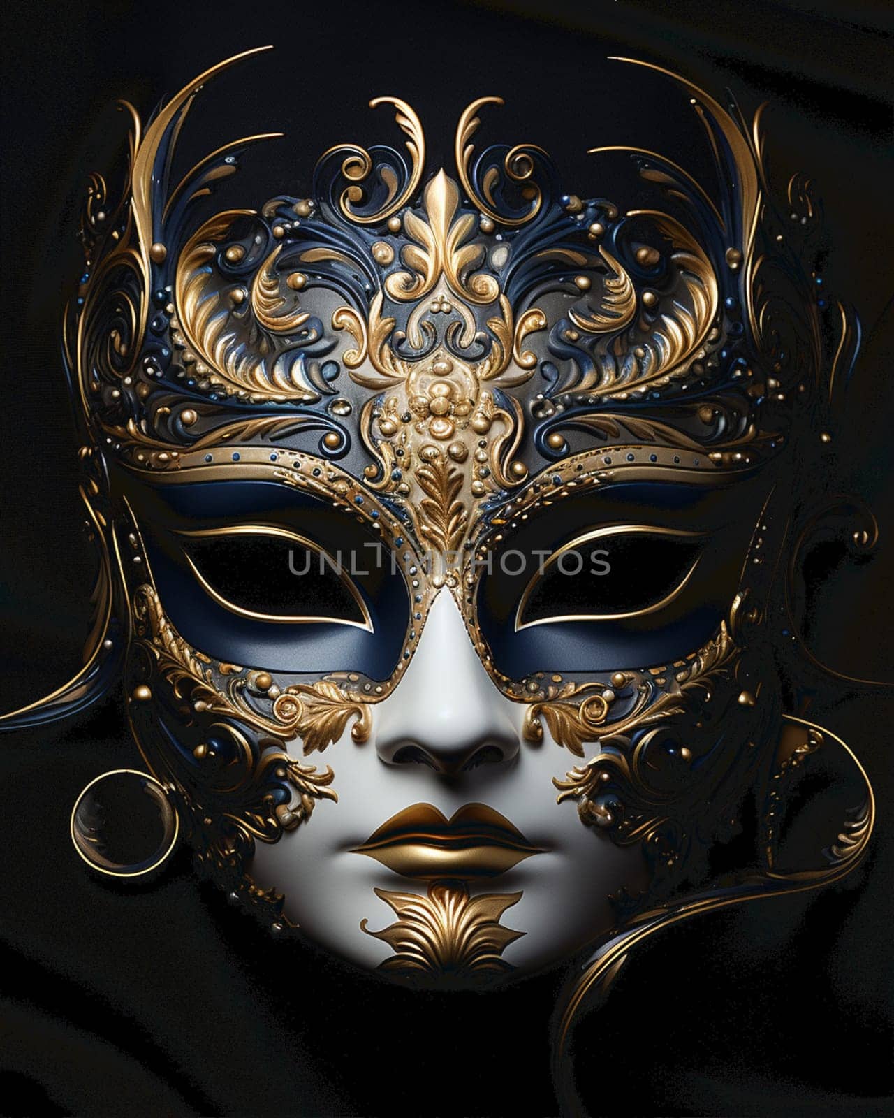 Carnival mask design with golden roses and line plants doodles on black background in 3d illustration
