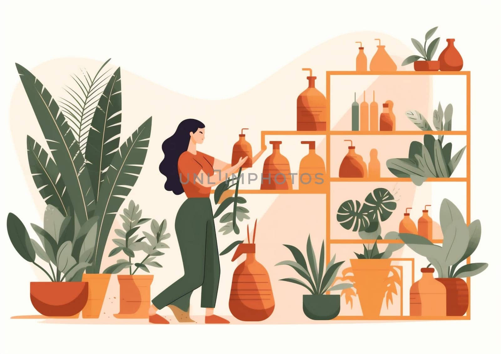 woman flower hobby home domestic indoor growth botanist calm houseplant pot entrepreneur lifestyle room gardening female housework florist freelancer work gardener. Generative AI.