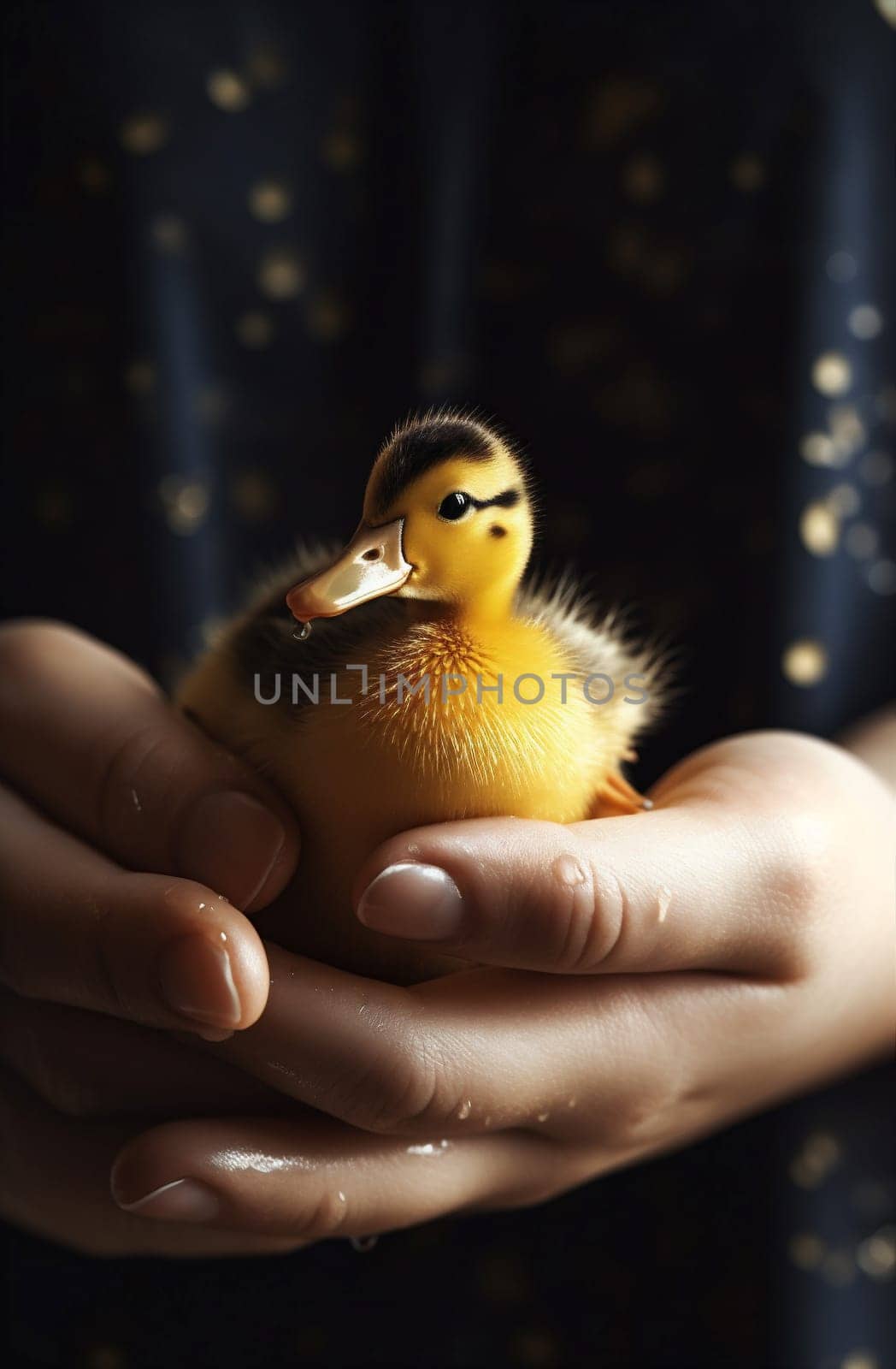 hand girl close-up child little farm bird duck duckling yellow. Generative AI. by Vichizh