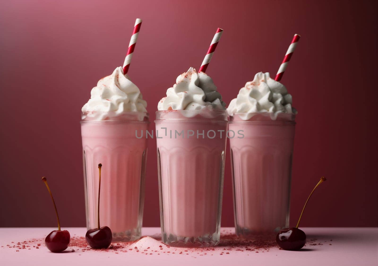 pink milkshake retro cocktail sweet beverage drink ice glass cream. Generative AI. by Vichizh