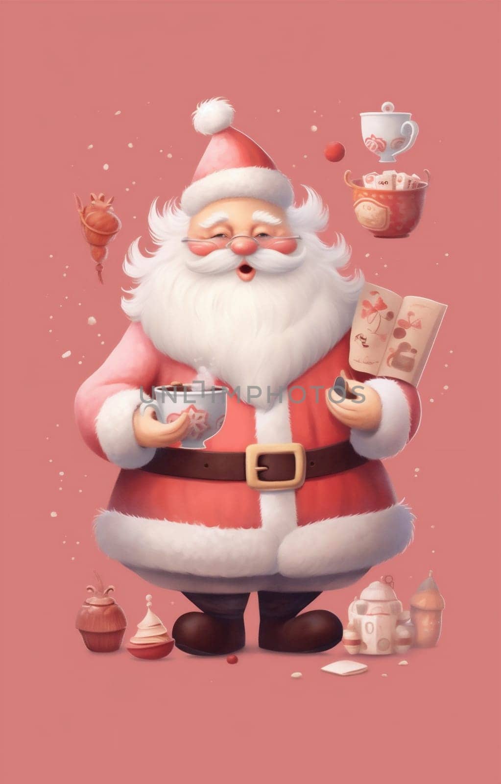 mug man home life joyful male hot claus content room caucasian merry santa cosy christmas holiday tinsel warm decoration festivity cute. Generative AI.